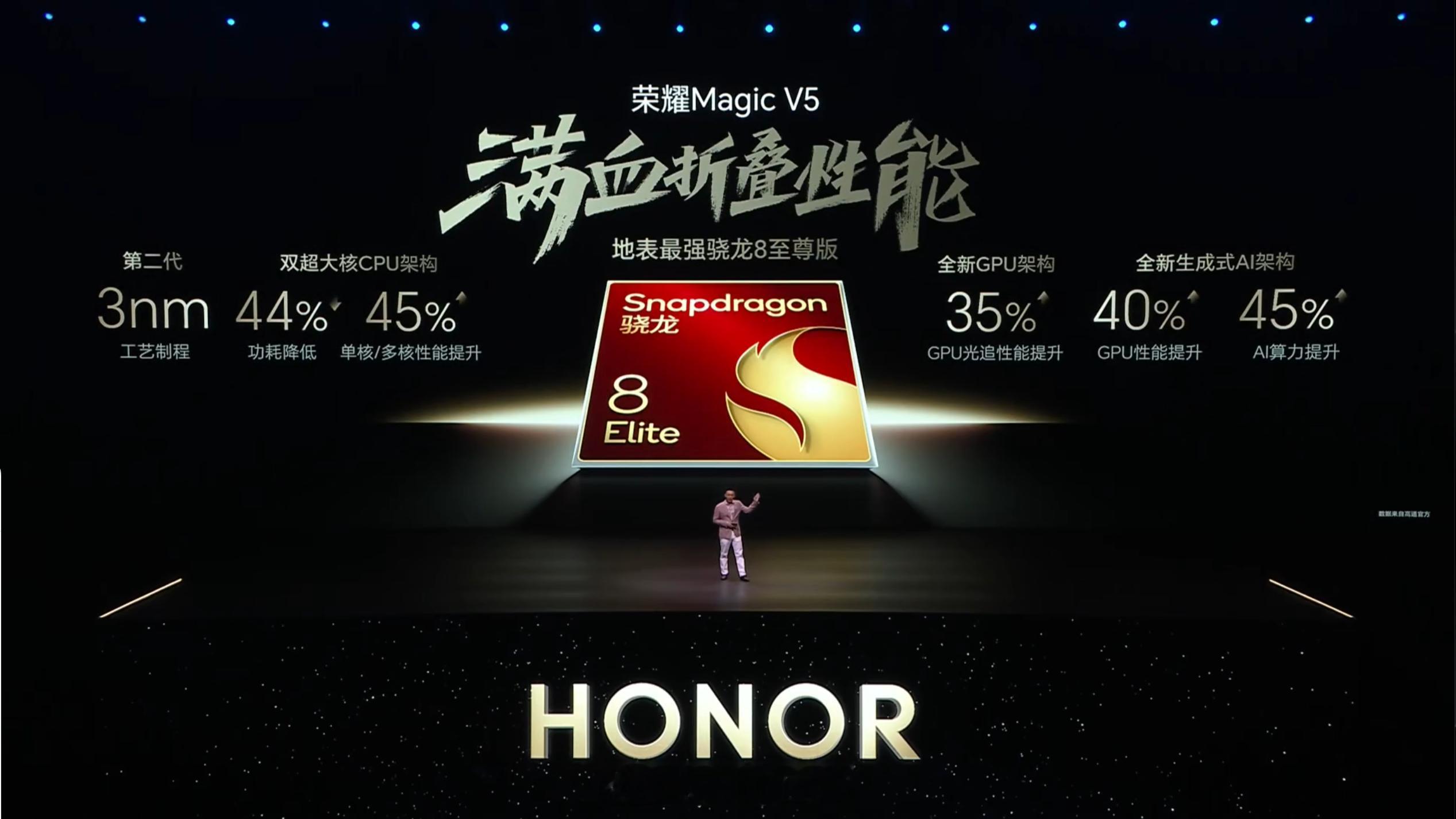 荣耀MagicV5搭载骁龙8至尊版芯片，LPDDR5X内存，UFS