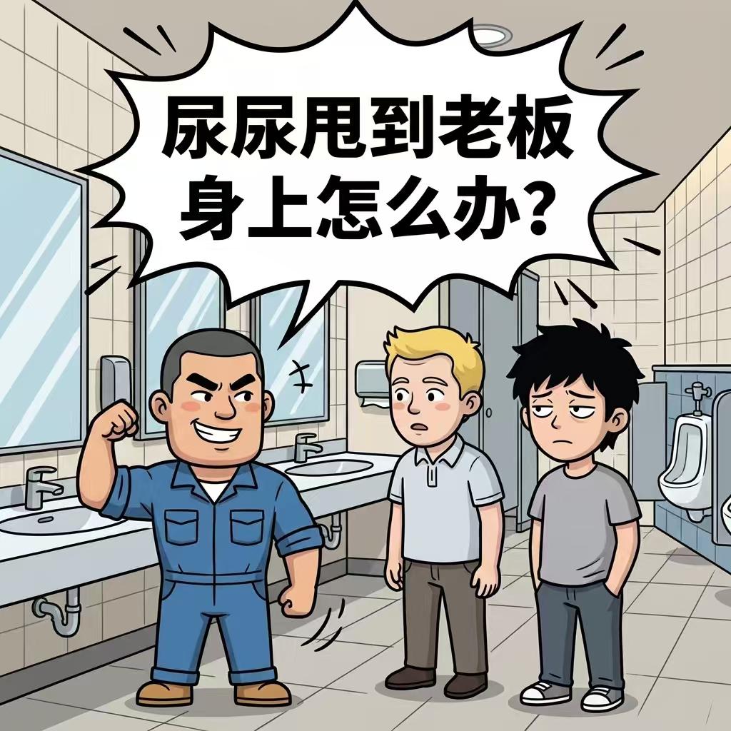 我有个同事上厕所时恰好碰到了老板，可能是紧张吧，他竟把几滴尿甩到了老板的衣服上。
