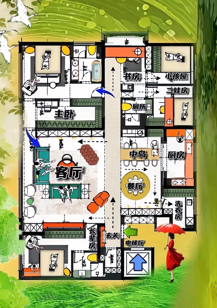 186㎡犟改造，当含蓄大横厅撞上奔放洄游动线，最烂洗衣房翻倍！