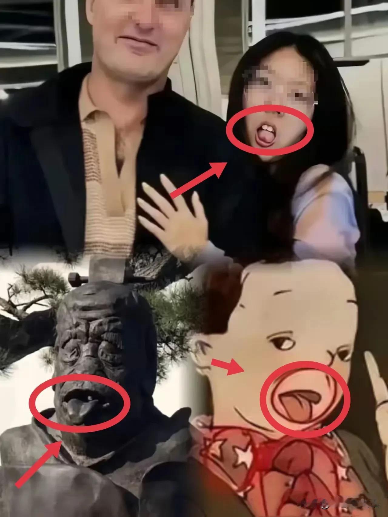细思极恐！可怕！吐舌形象竟遍地都是，教材、雕塑、留学生照片诡异呼应，真的只是巧合