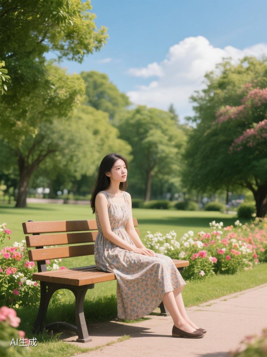 AI妙生图绿草繁花间，长椅上时光缓淌，心在自然里寻得宁静，思绪随微风飘荡💕
