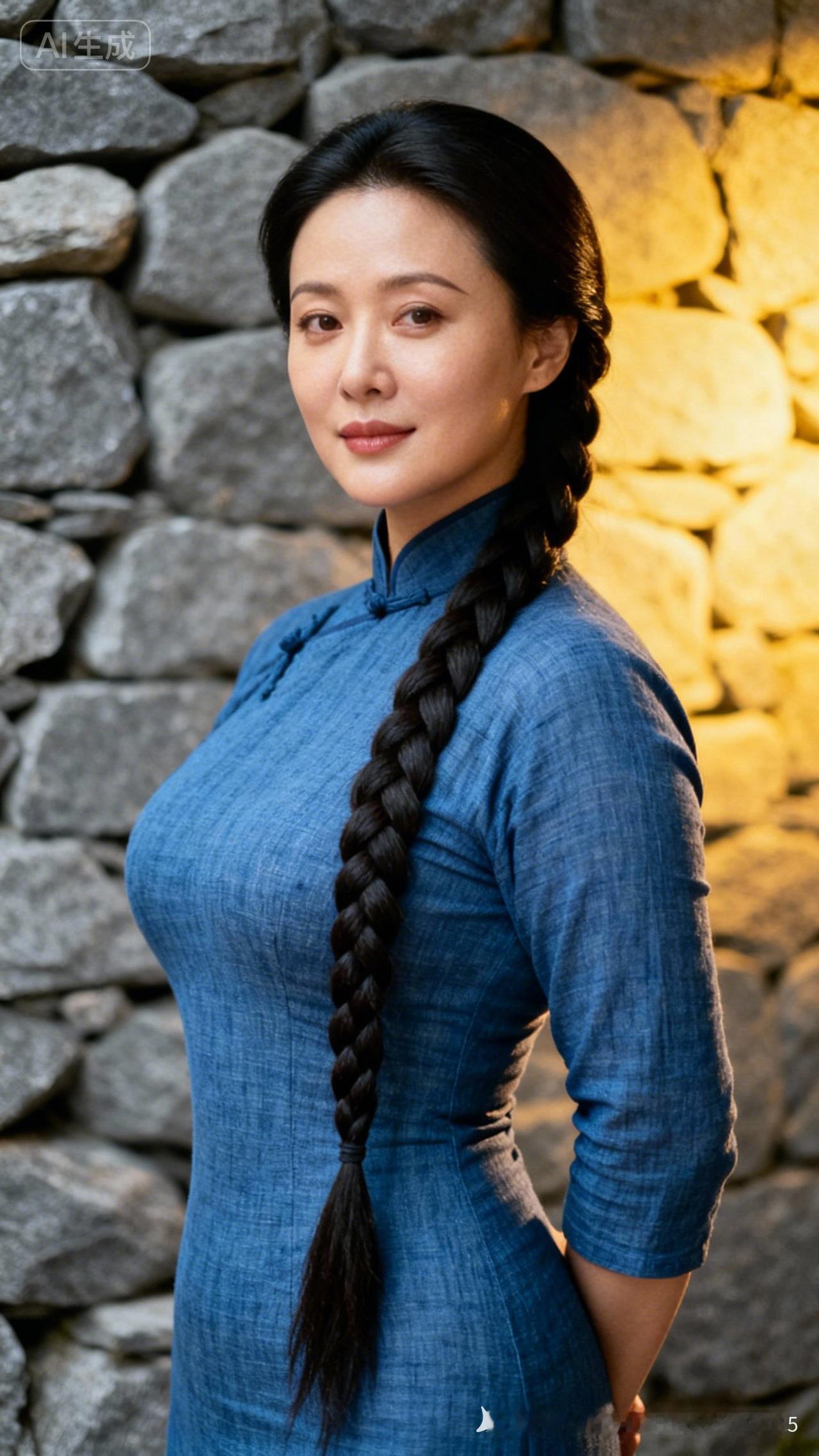 优雅蓝衣女子，石墙前微笑，复古韵味十足