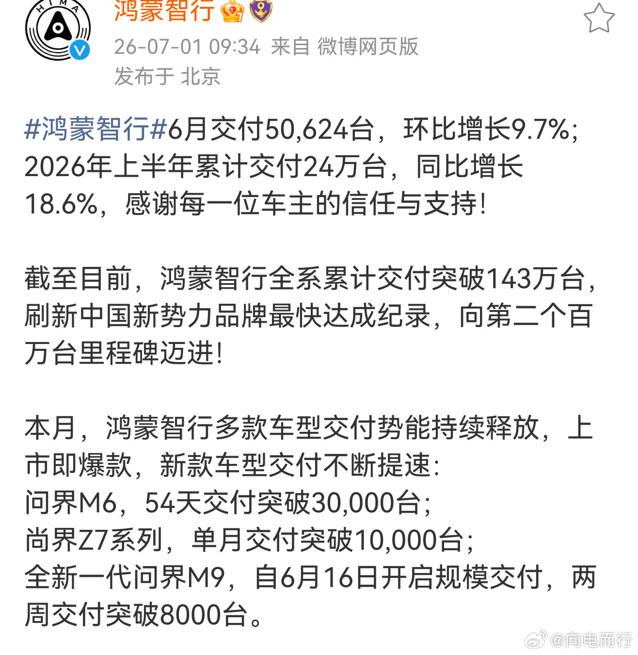 鸿蒙智行一些重点数据问界M6，54天交付突破30,000台；尚界Z7系列，单月