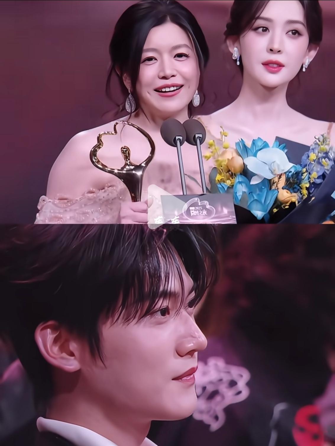 要说这两位男女明星没有动心，我还真不信。陈妍希在台上领奖说话，周柯宇在座位上