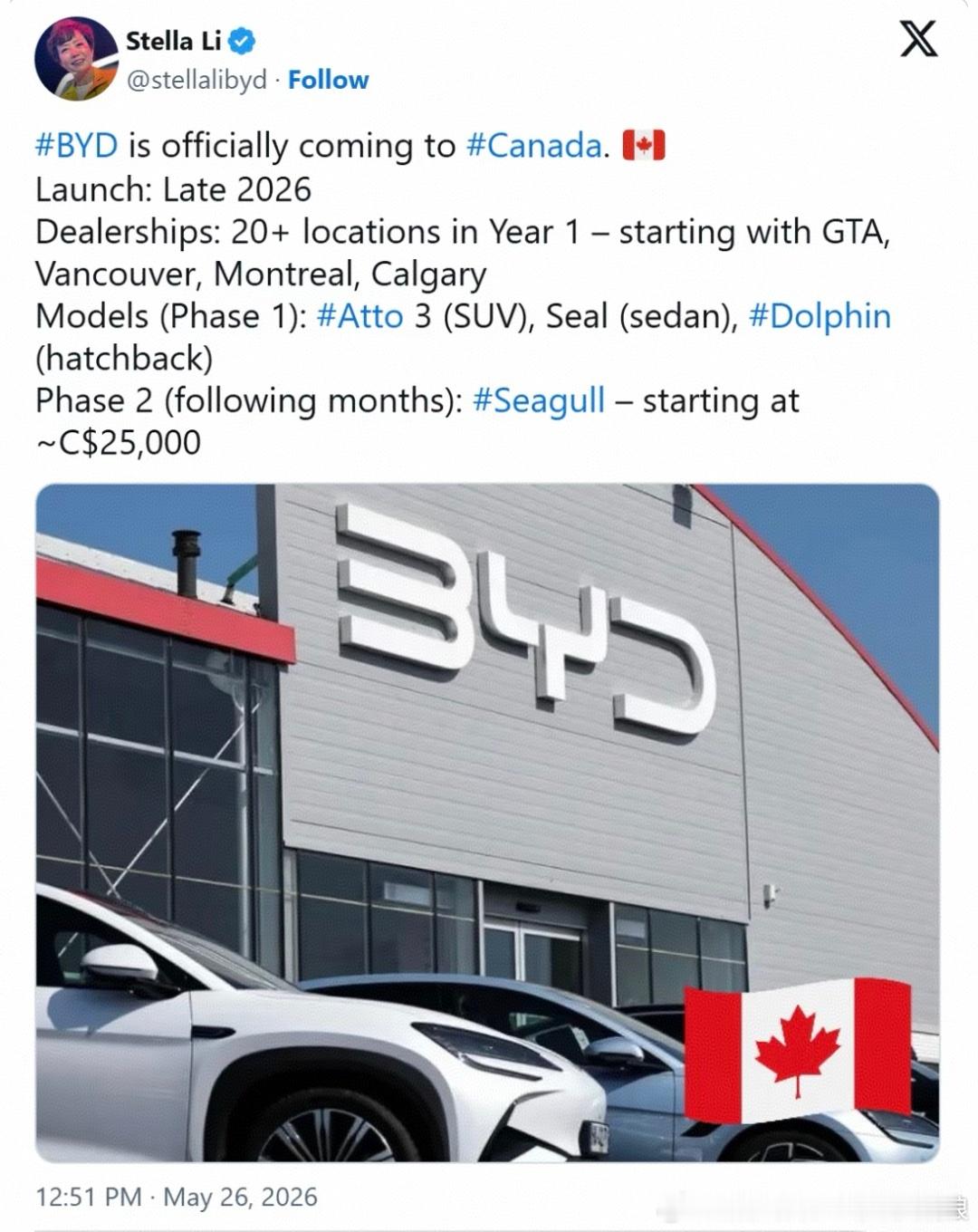 重磅落地！比亚迪官宣2026年末进军加拿大🇨🇦首年落地20+经销商门店，多伦