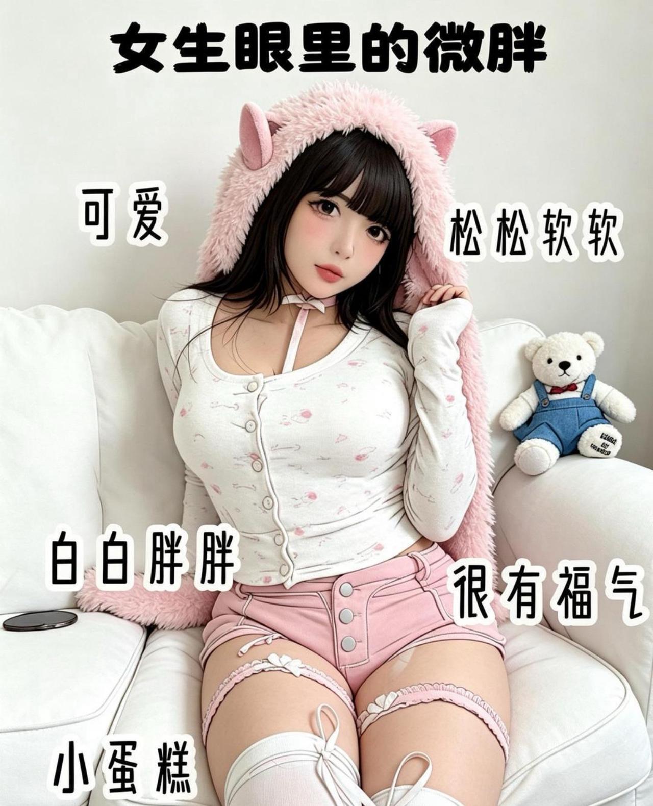 女生眼里的微胖：脸蛋肉肉软软，整体圆乎乎像奶油小蛋糕，白白嫩嫩自带福气感，主打软