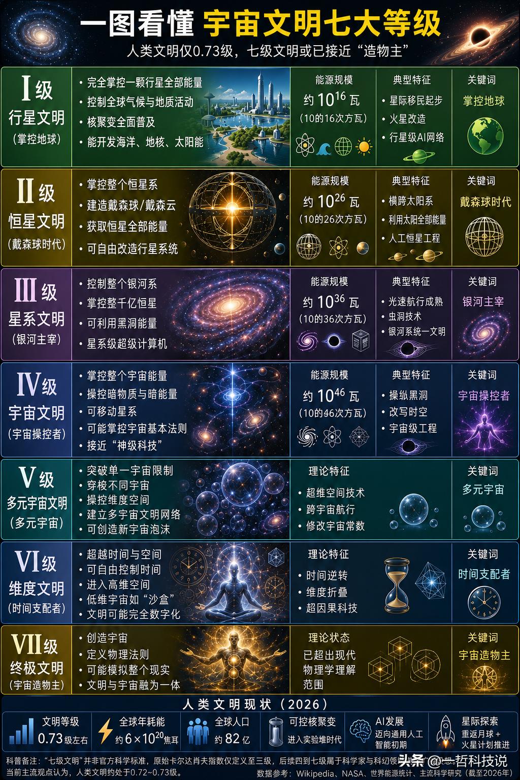 一图看懂宇宙文明七大等级，看完简直怀疑人生！平时咱们总觉得现在人类的文明足够
