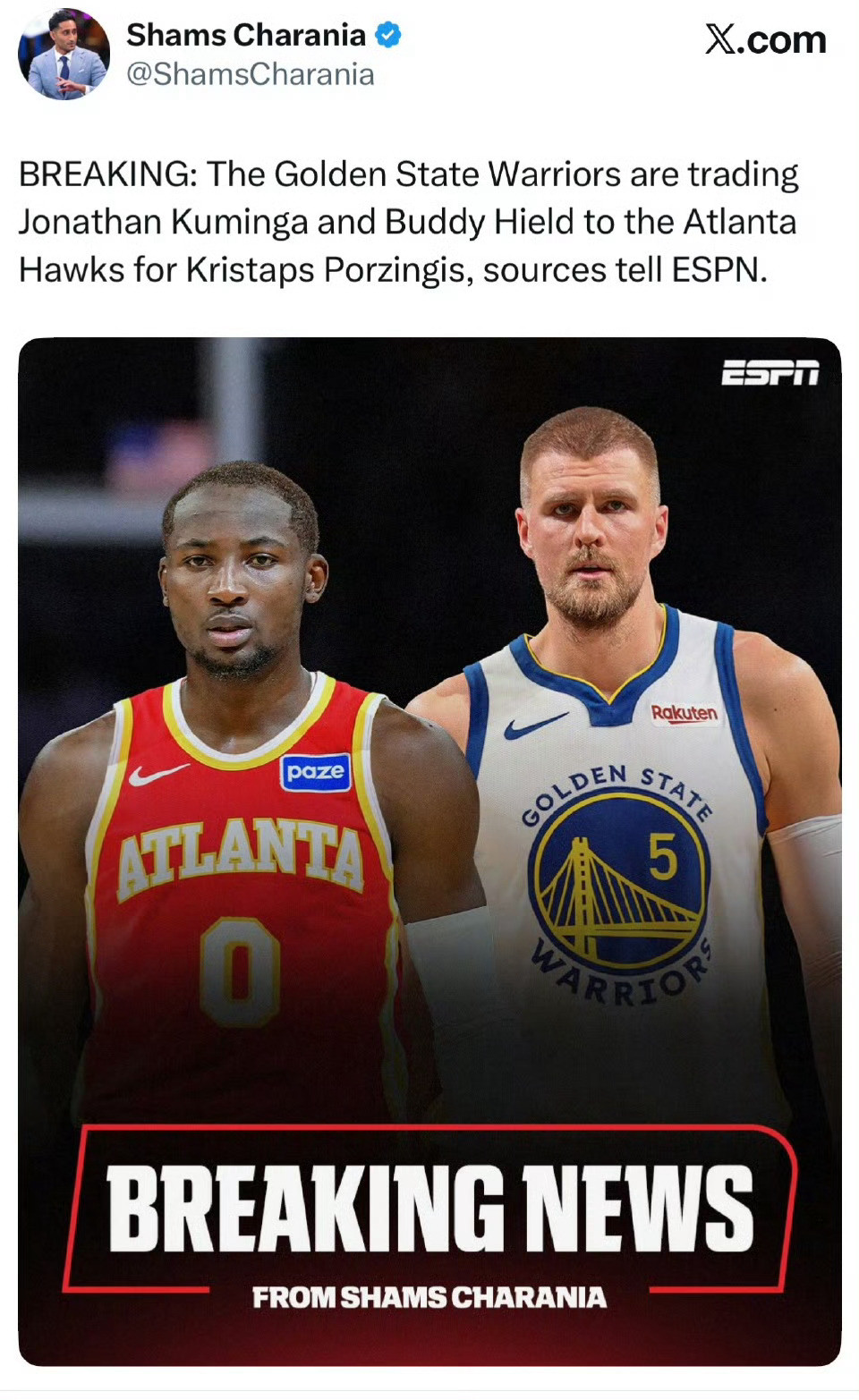 波尔津吉斯还有多少油？Shams：勇士￼用库明加￼+希尔德换来波尔津吉斯￼。勇士