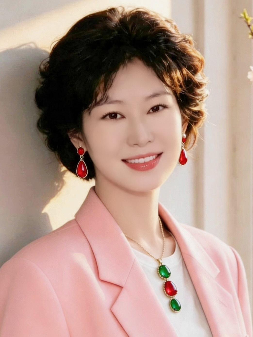 优雅气质，粉色西装搭配红绿宝石项链，完美展现女性魅力！💄✨