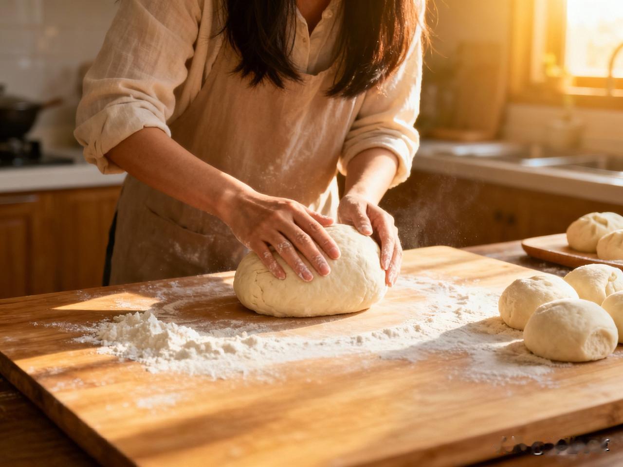 早上看太太揉馒头，面团在她手里翻来覆去，一会儿使劲揣，一会儿松松地醒。她说：
