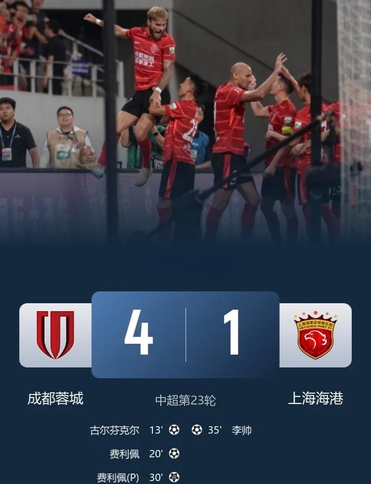 中超强强对话，成都蓉城4-1双杀上海海港，不仅终结对手13轮不败，还先赛登顶！