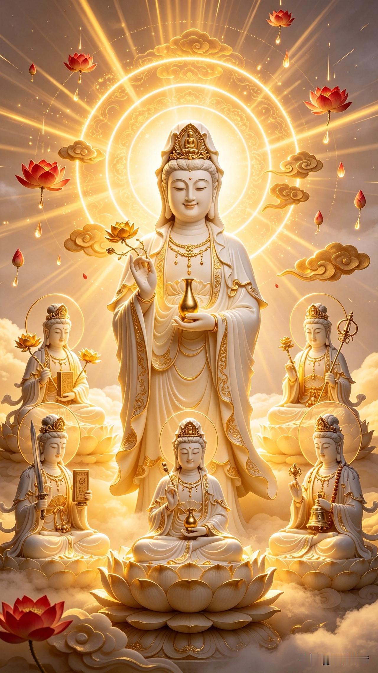 云海漫卷，金辉流转，漫天红芯莲花如雨缓缓飘落。文殊菩萨立于莲台之上，面容慈祥温