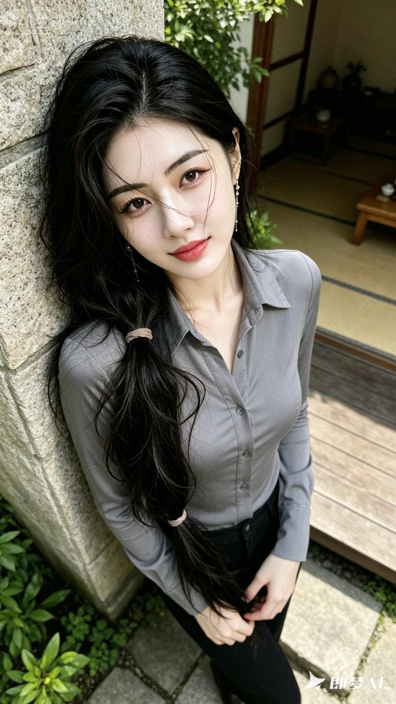 优雅黑发少女，石墙前的清新自拍
