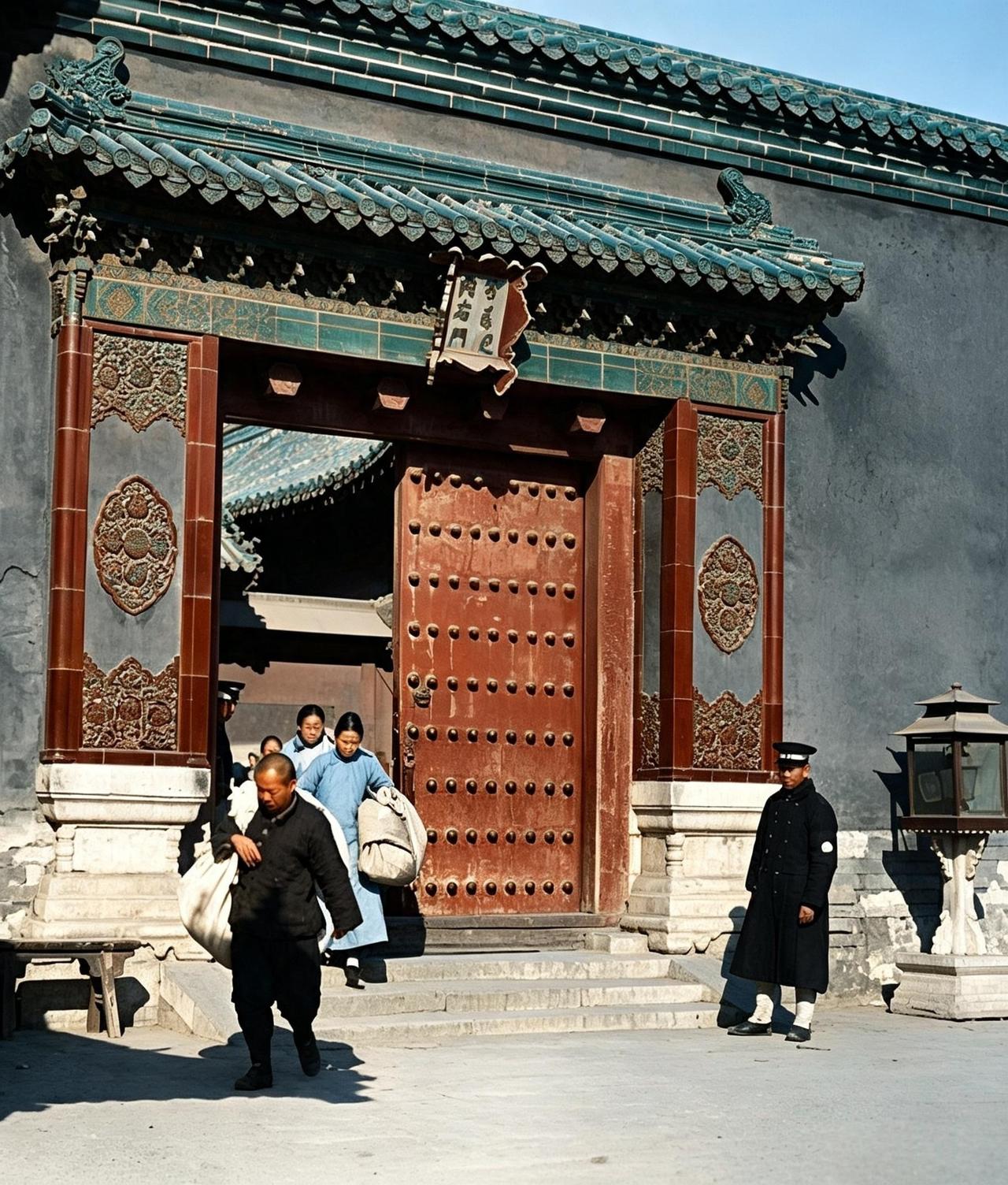 这是中国历史上最后一批清宫宫女集体出宫。她们背着大包小包脚步匆匆出宫。因为，她们
