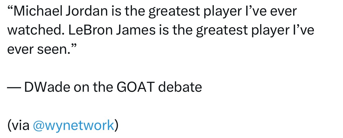 韦德谈历史最佳球员之争：“在我看过（电视上）的球员中，迈克尔·乔丹是最伟大的。在