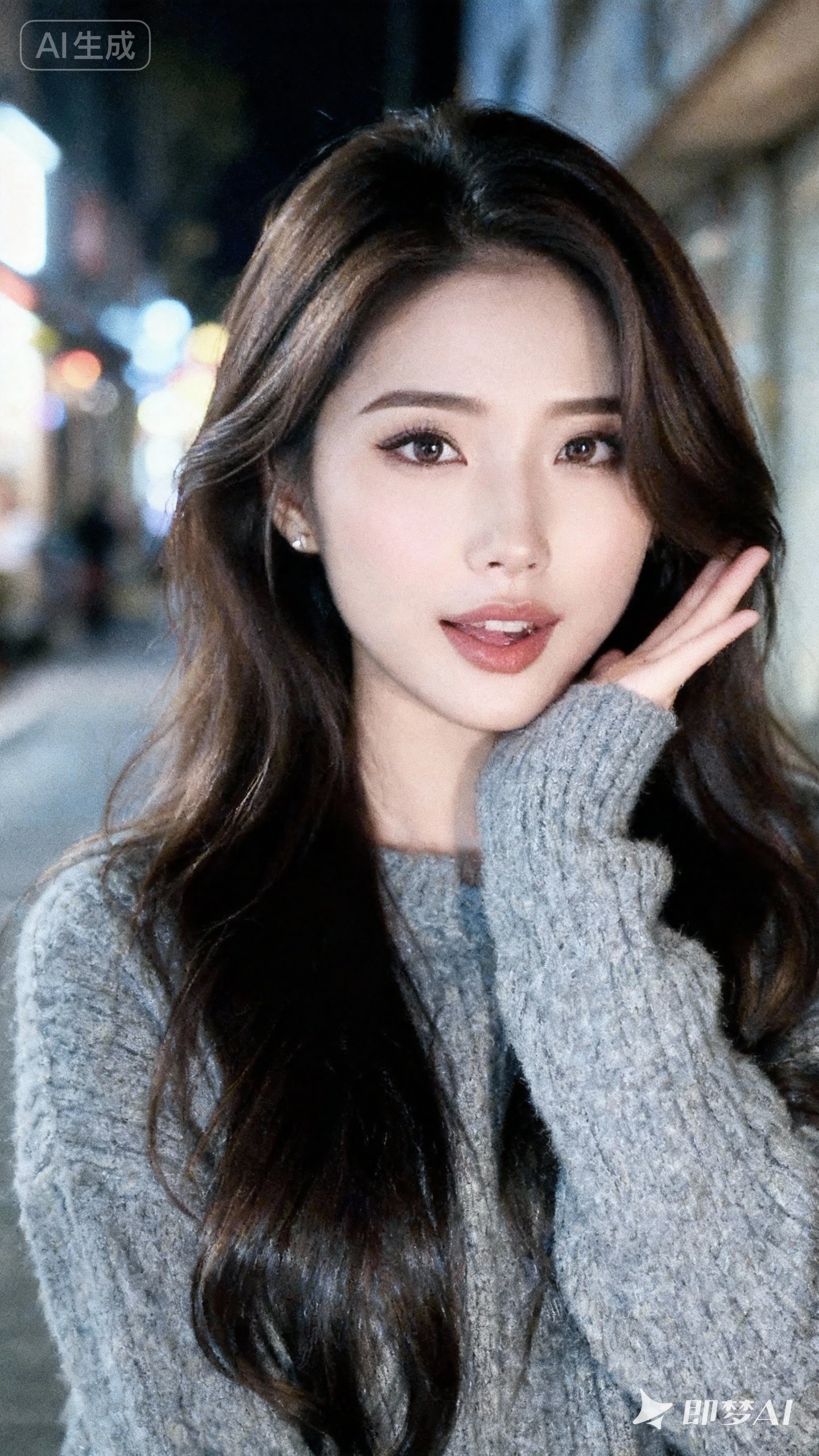 夜晚街头的甜美少女，温柔眼神，让人心动不已💖✨