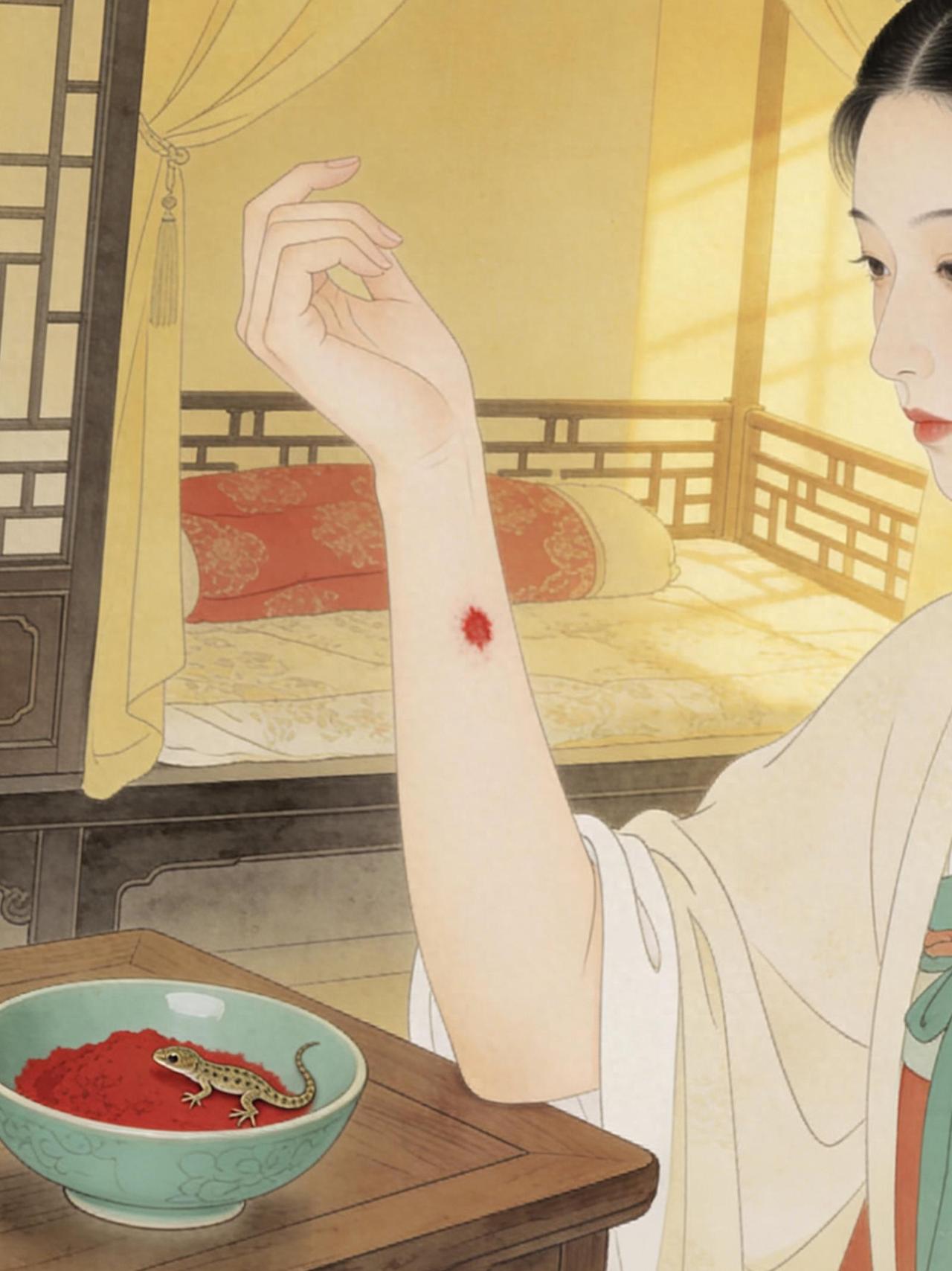 汉代宫廷发明了一种神奇的东西，叫“守宫砂”。据说只要点在女子的手臂上，红印在，贞