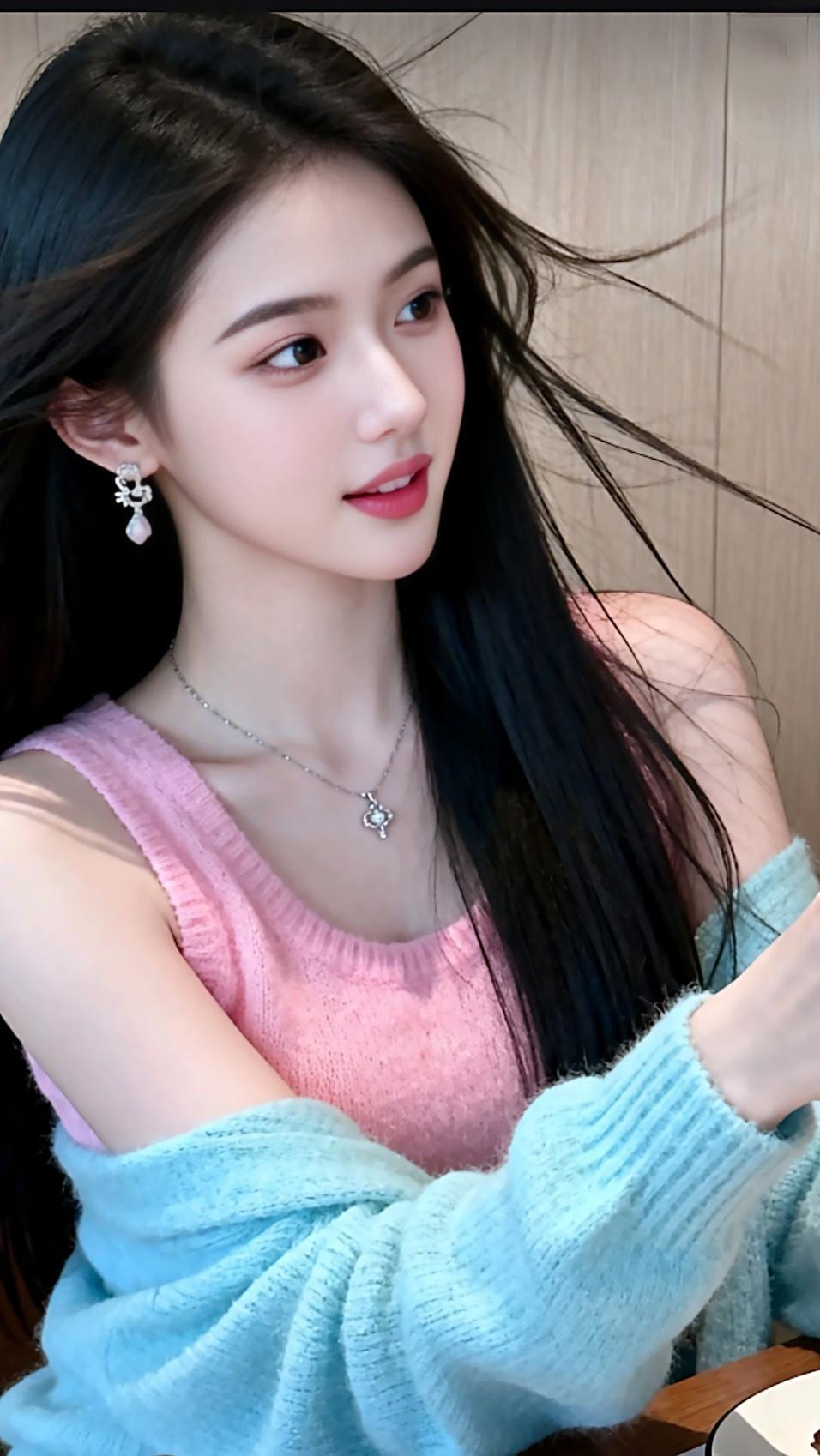 甜美少女风穿搭，粉色背心搭配蓝色毛衣，温柔动人！