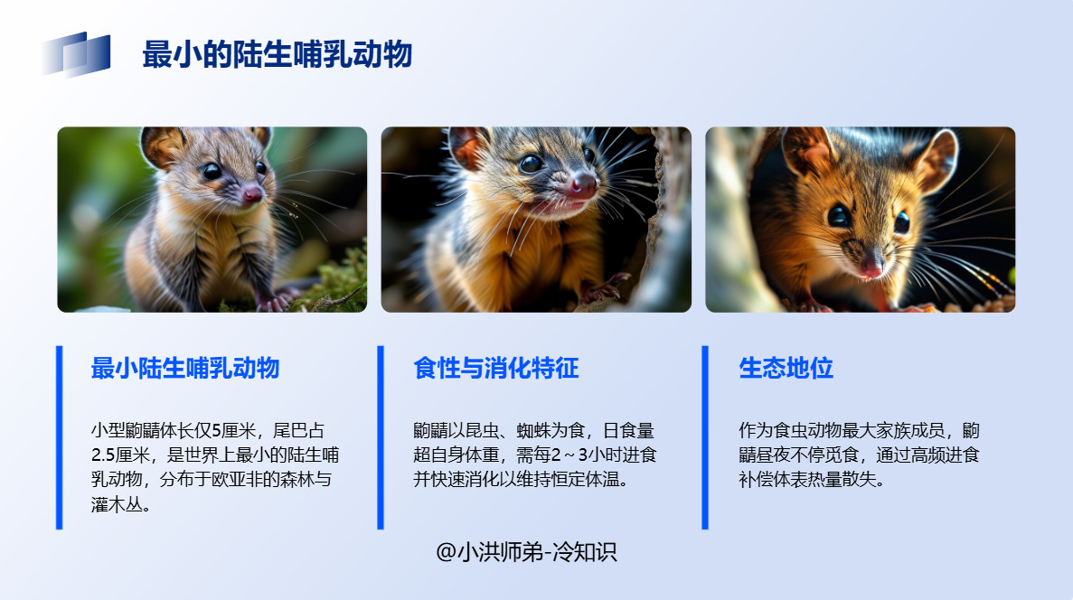 最小的陆生哺乳动物小型鼩鼱，是一种以昆虫、蜘蛛和其他一些无脊椎动物为食的似鼠小动