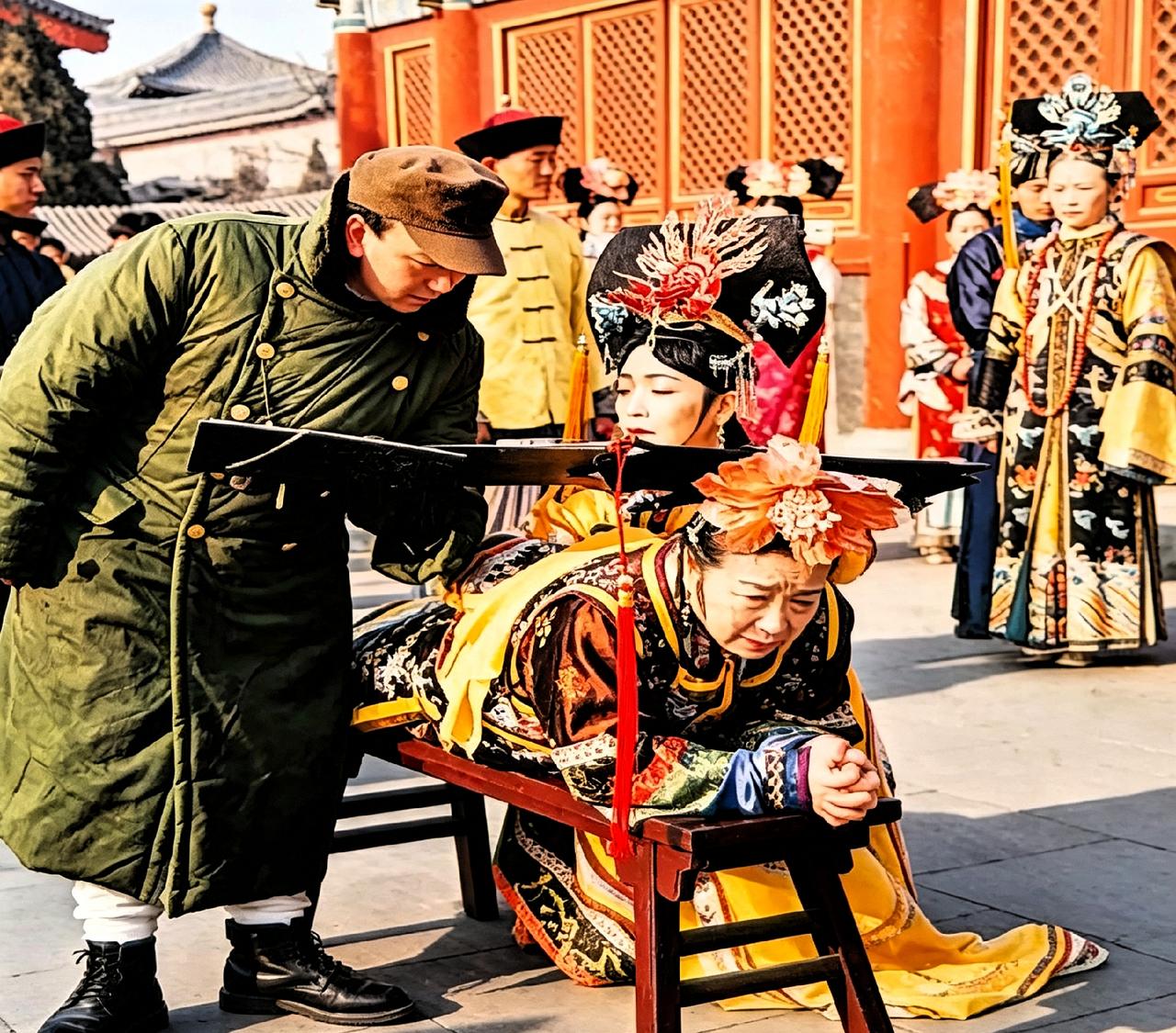 当年拍《还珠》真不容易。李明启趴在长凳上等调光，旁边大哥裹着军大衣举反光板。戏里