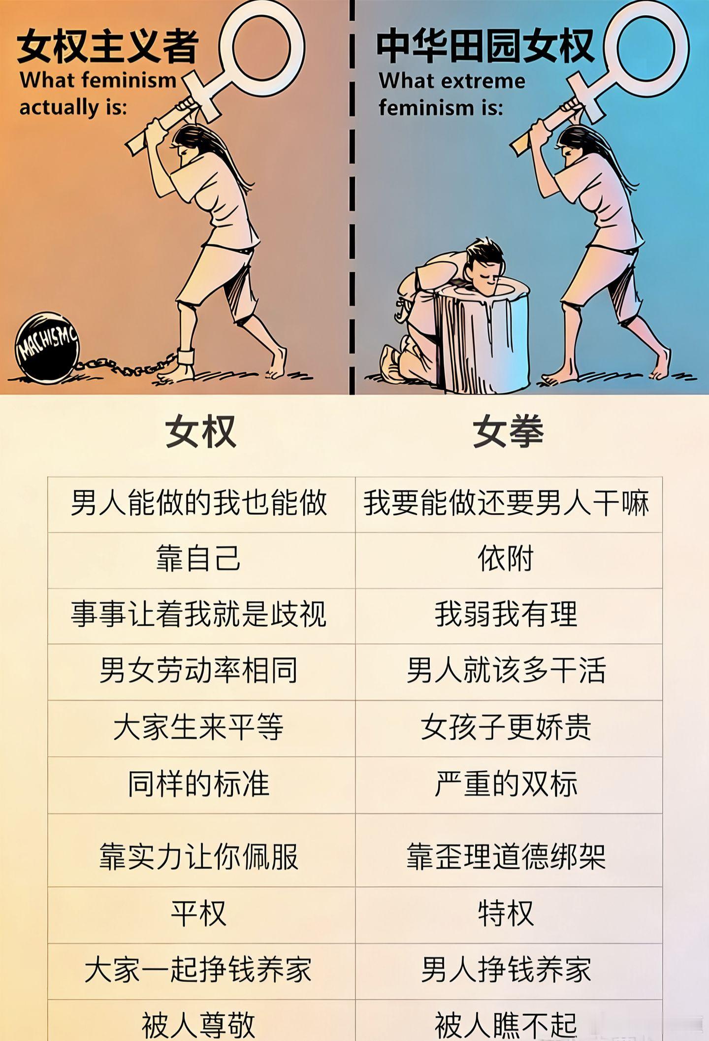 关于女权和女拳的区别，这个概括很准确。