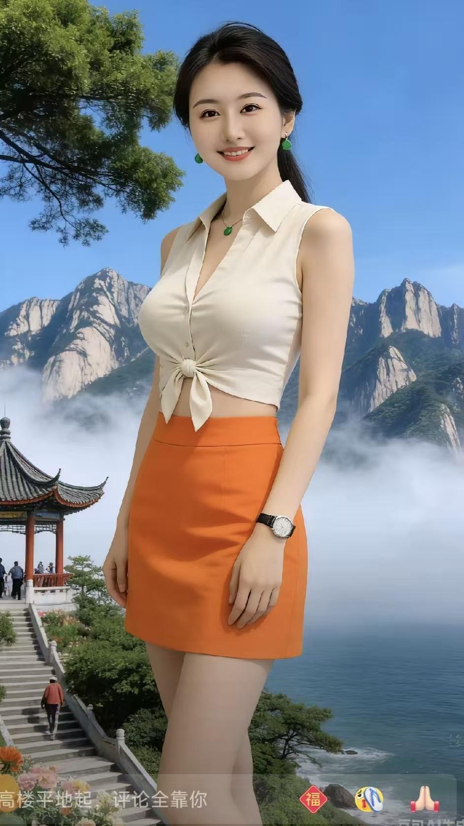 塞鸿秋·老君山佳人佳人绝色姿容妙，浅微笑靥镜头照。肤如白雪迷人俏，米衫橙