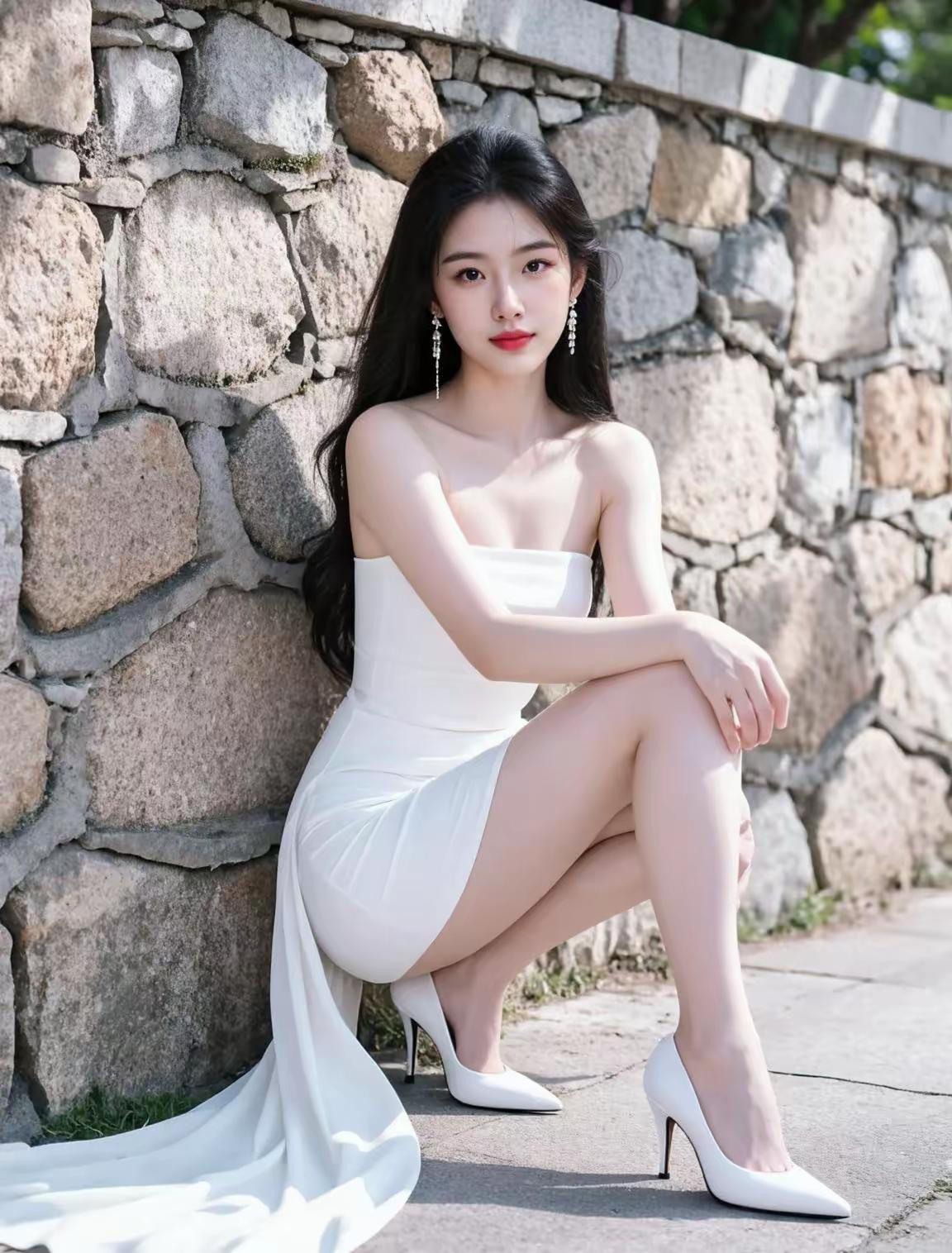 一个穿白色连衣裙的女士靠在石墙上。