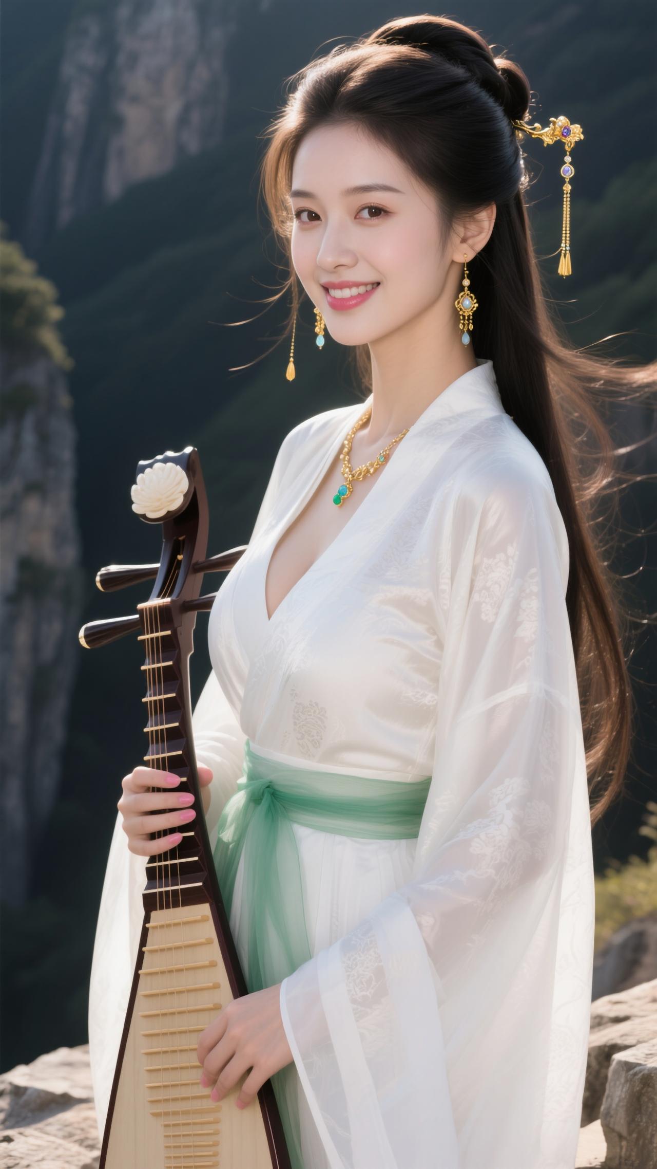 白袂青绦萦峻岭，琵琶斜抱峰头。金簪垂穗曳风流，云开千嶂晓，日照大江流。笑拂冰