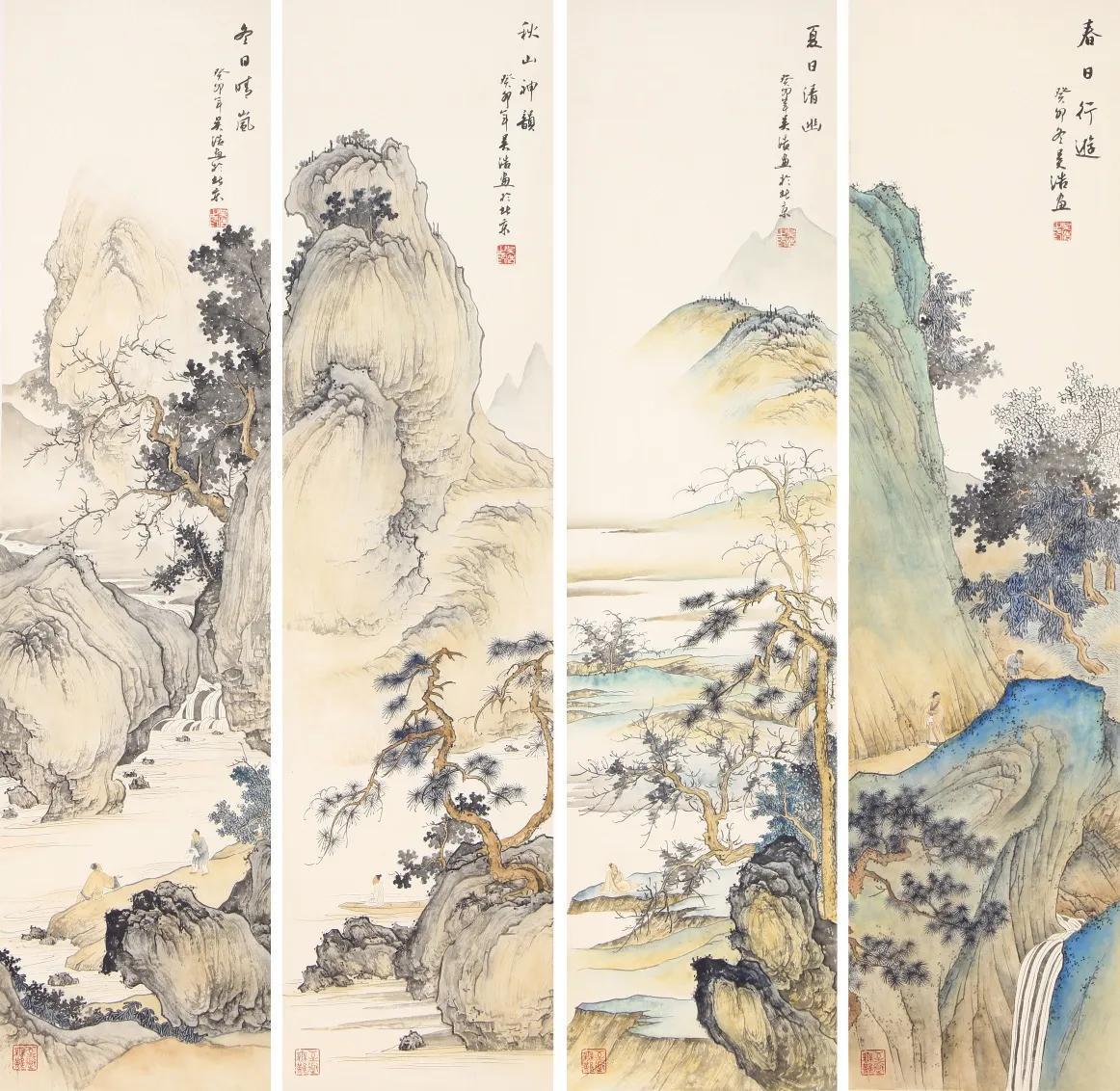 这组吴浩的传统工笔山水画四条屏，分别以“春日行遊”“夏日清幽”“秋山神韻”“冬日