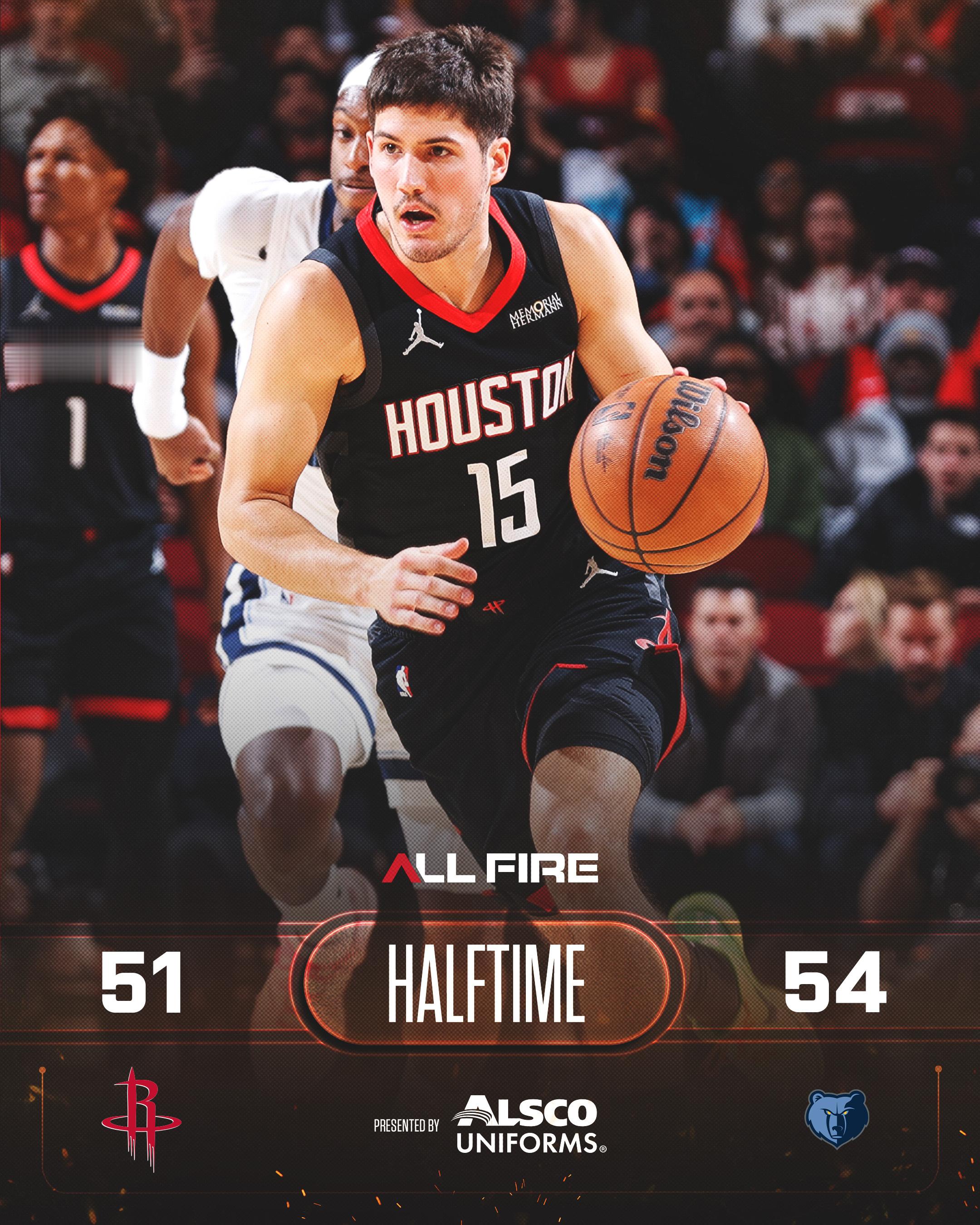 半场比赛结束！火箭51-54灰熊！杜兰特12分7板1助、申京14分2板2助、伊森