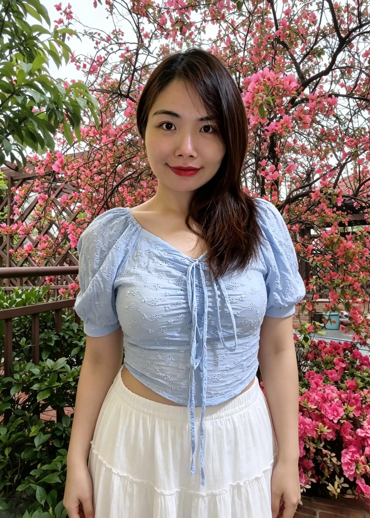 浅蓝罗袖衬春光，花海层层绕身旁。一笑嫣然添秀色，风华温婉满庭芳。