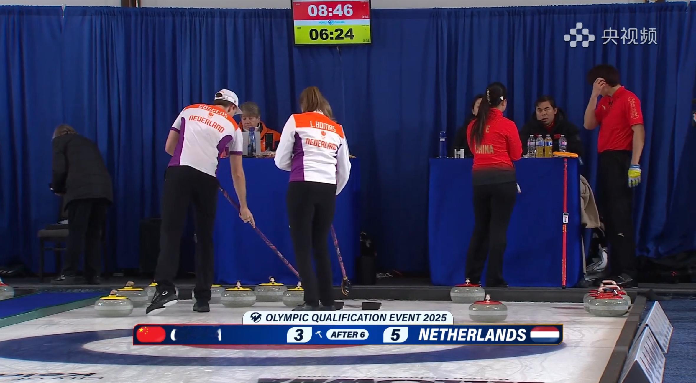 米兰冬奥会冰壶落选赛荷兰后手3分，中国队6局过后3-5落后，形势不妙