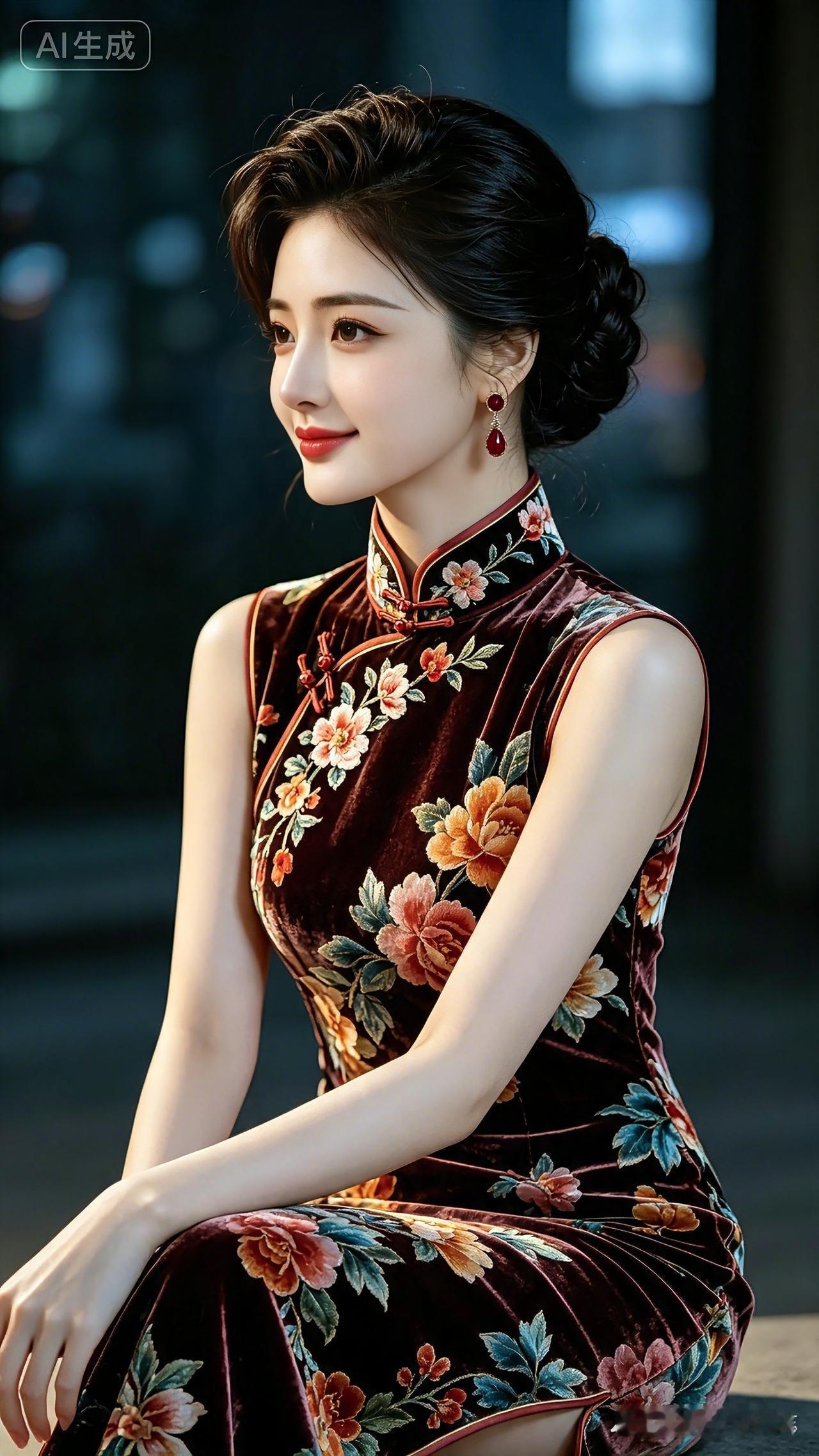 评美人酒红丝绒旗袍身，衣上遍绣牡丹纹。红珠耳坠轻摇颤，绾起青丝态端庄。