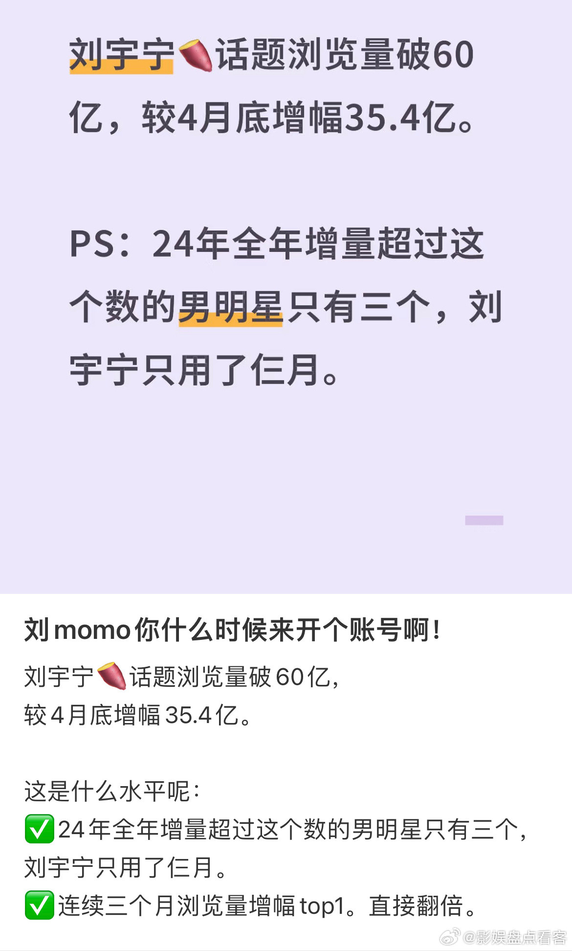 刘宇宁断层火爆的具象化🍠话题浏览量破60亿，较4月底增幅35.4亿。这是什么