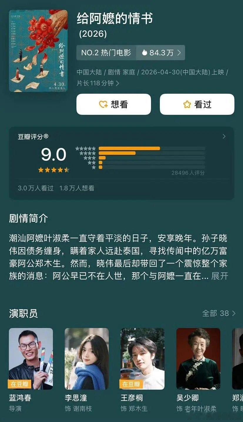 给阿嬷的情书豆瓣开分9.0，这部电影口碑很不错