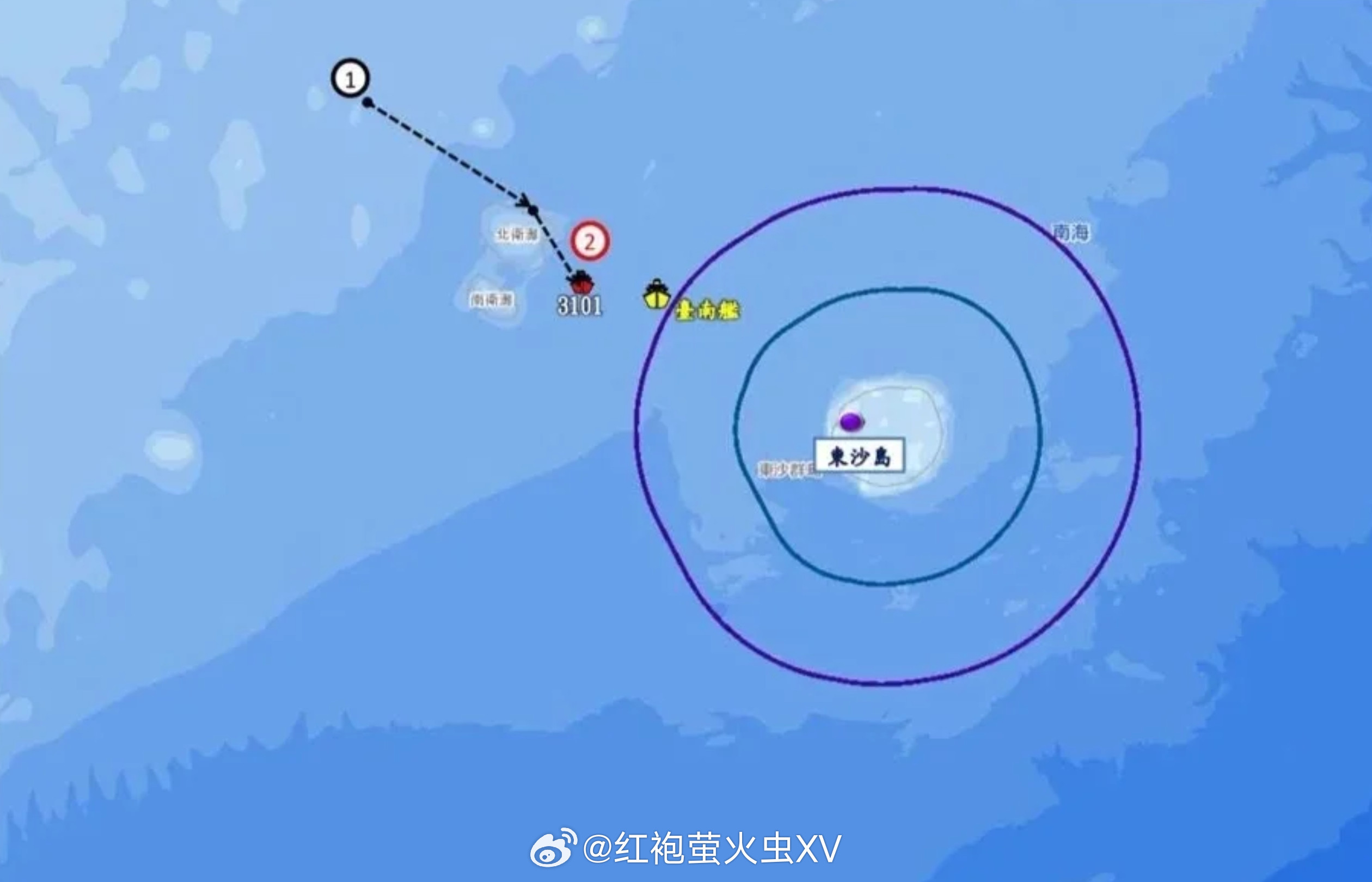 万里长沙今天上午，大陆海警3101船进入东沙“限制水域”，湾伪海巡署随即调
