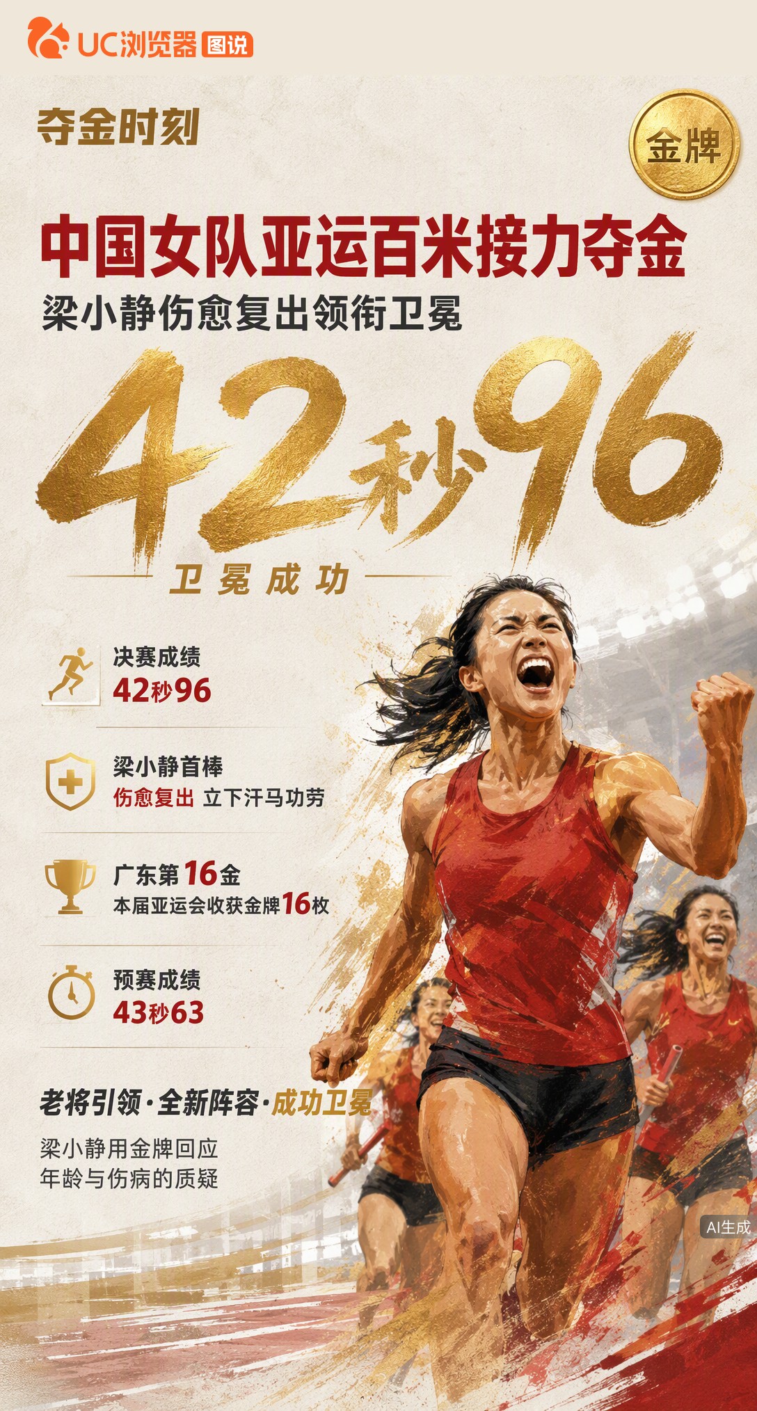42秒96卫冕！梁小静肩伤术后复出跑首棒，带全新阵容拿下亚运女子百米接力金牌。29岁老将用成绩回应质