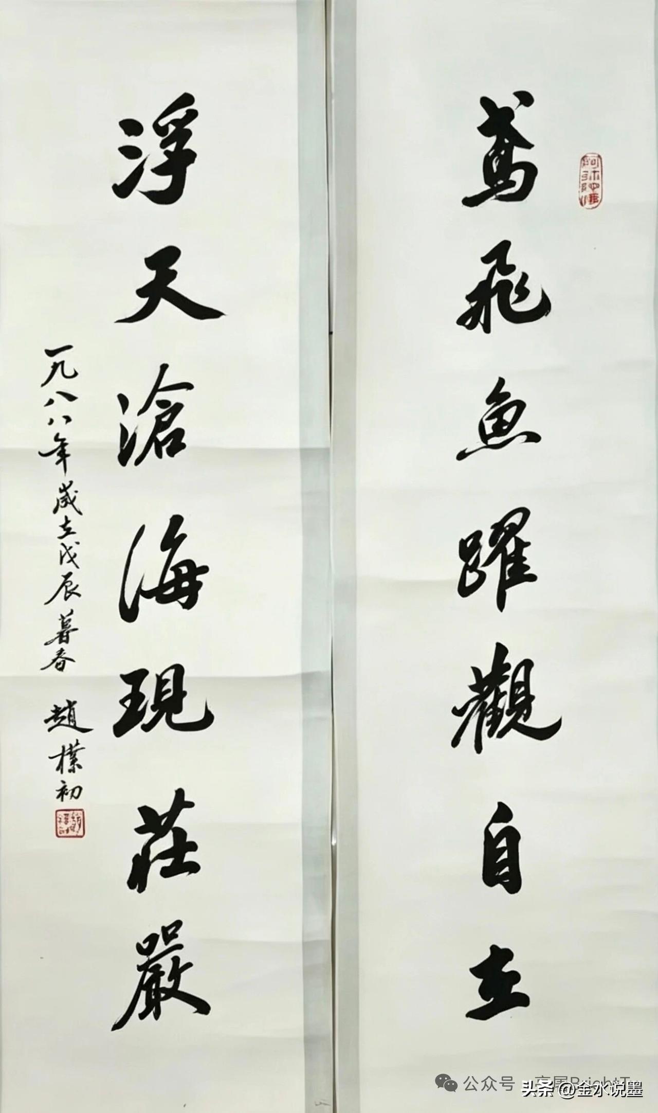 赵朴初此联融禅意与文心。联句取“鸢飞鱼跃”的自然生机与“浮天沧海”的浩渺禅境，暗