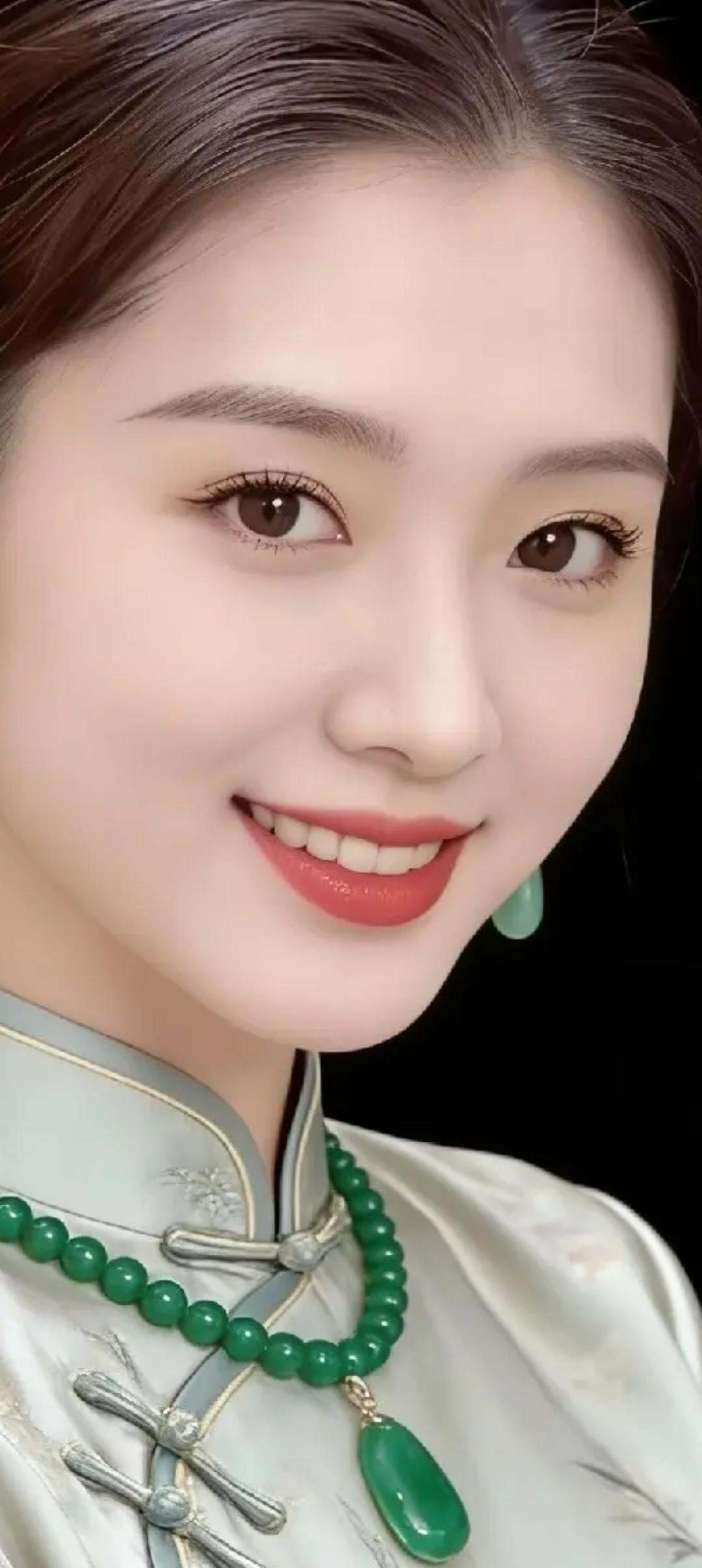 温婉优雅的东方美人，笑靥如花，绿宝石项链点缀，尽显古典韵味。