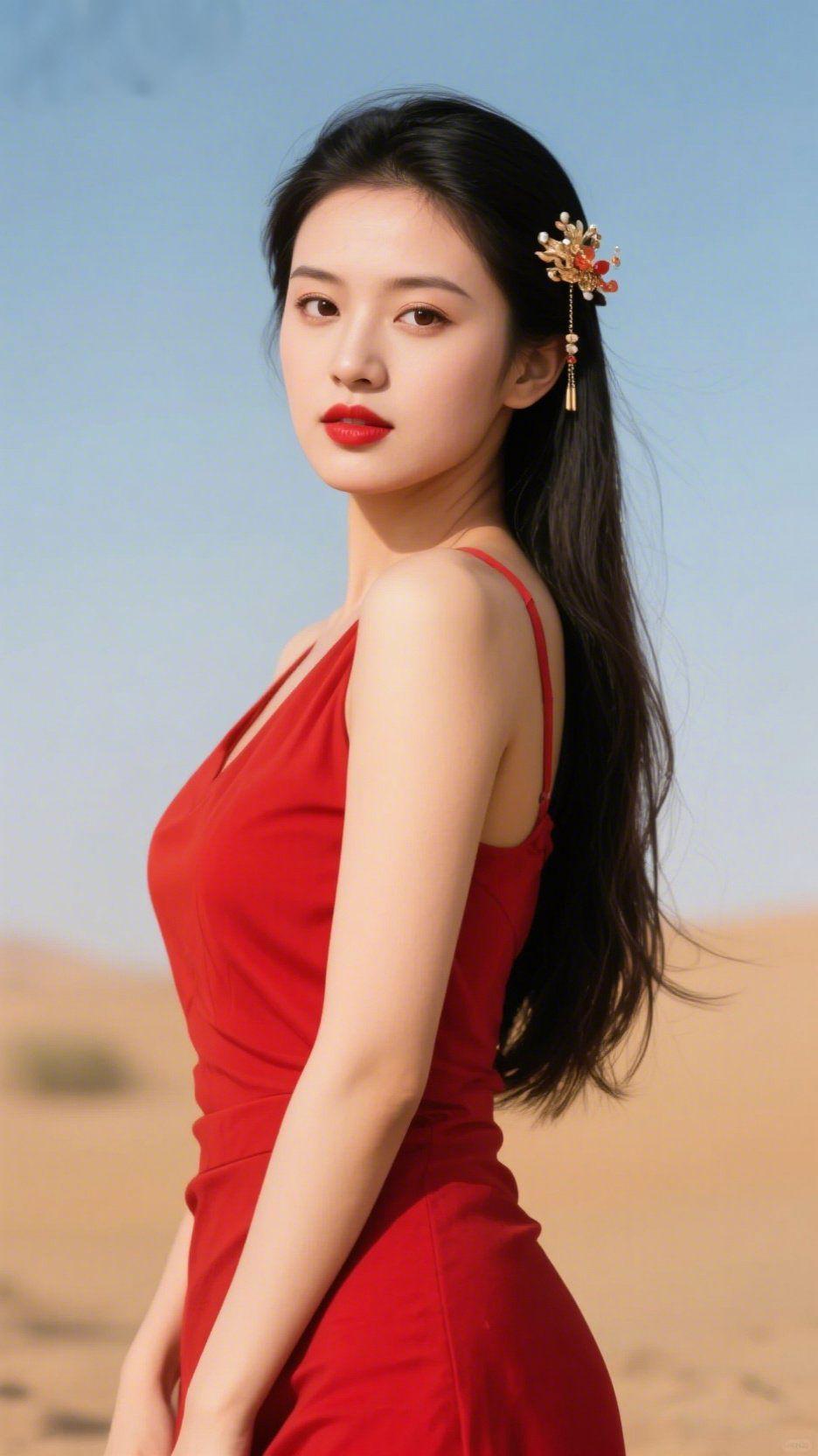 赤焰染沙丘大漠的风揉碎了长空的蓝，沙丘连绵成温柔的浪，一袭红裙似燃在沙海的