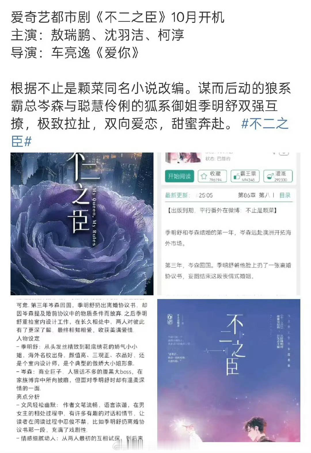 看来敖瑞鹏的《不二之臣》10月开机，最后选女主真的只能码到糊糊沈羽洁了，这个选角