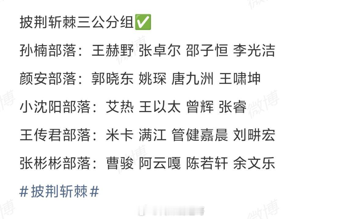 披哥三公分组孙楠部落：王赫野、张卓尔、邵子恒、李光洁颜安部落：郭晓东、姚琛、唐九
