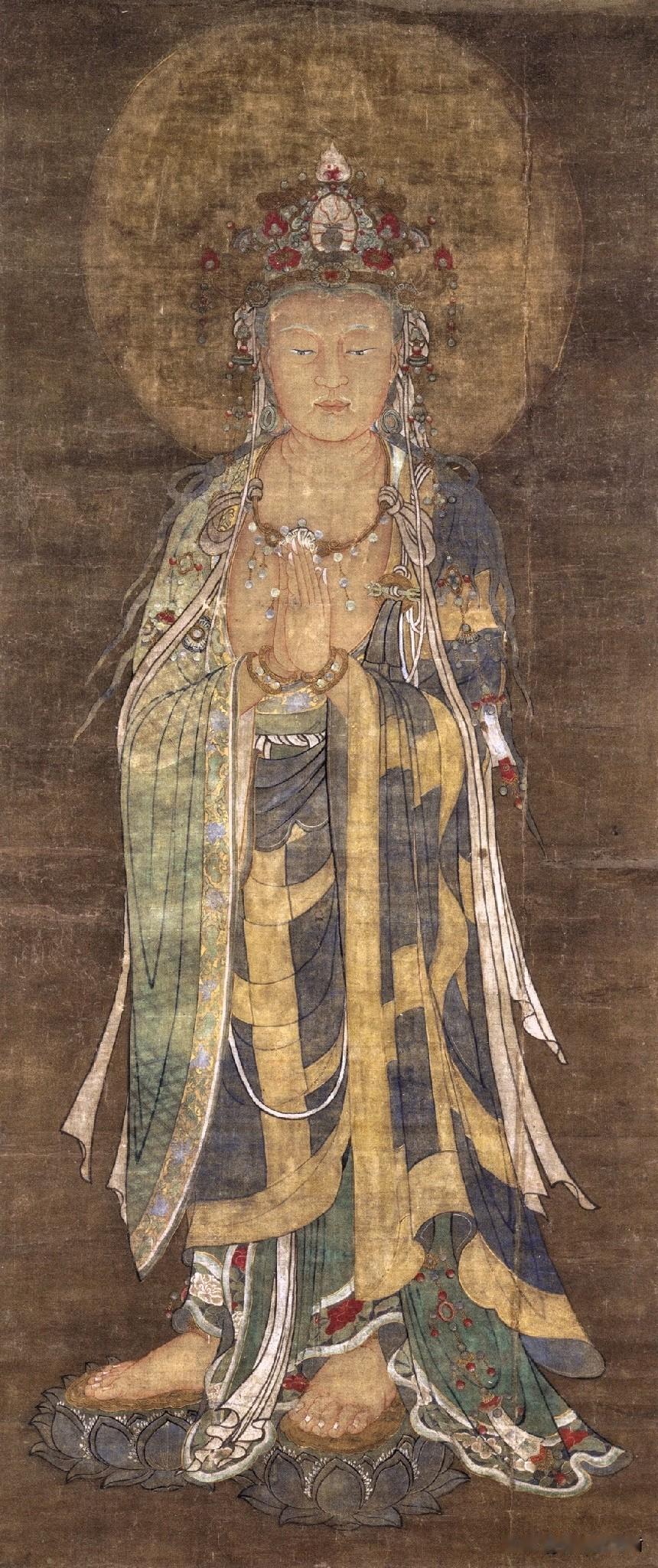 元代绢本古佛｜藏在宝冠宝瓶里的光明，大势至菩萨绝美古画距今七百余年的元代绢