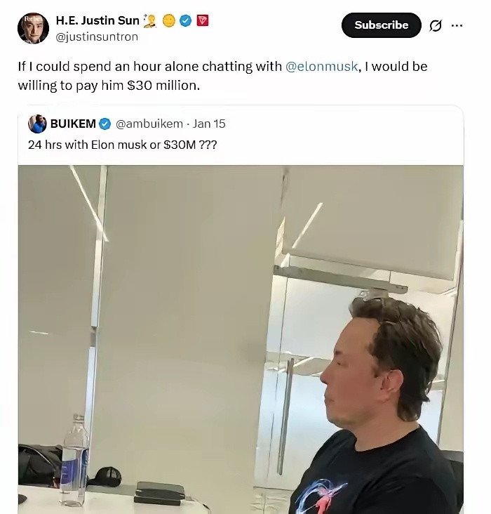 用户分享：1月18日，孙宇晨在X上发帖表示，如果能和马斯克单独聊一个小时，他愿意