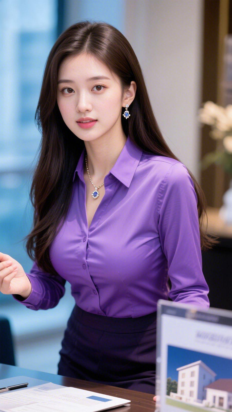 紫韵映职场浅紫衬衫如揉碎的暮色，利落翻领勾勒出职场女性的干练，柔滑面料又藏
