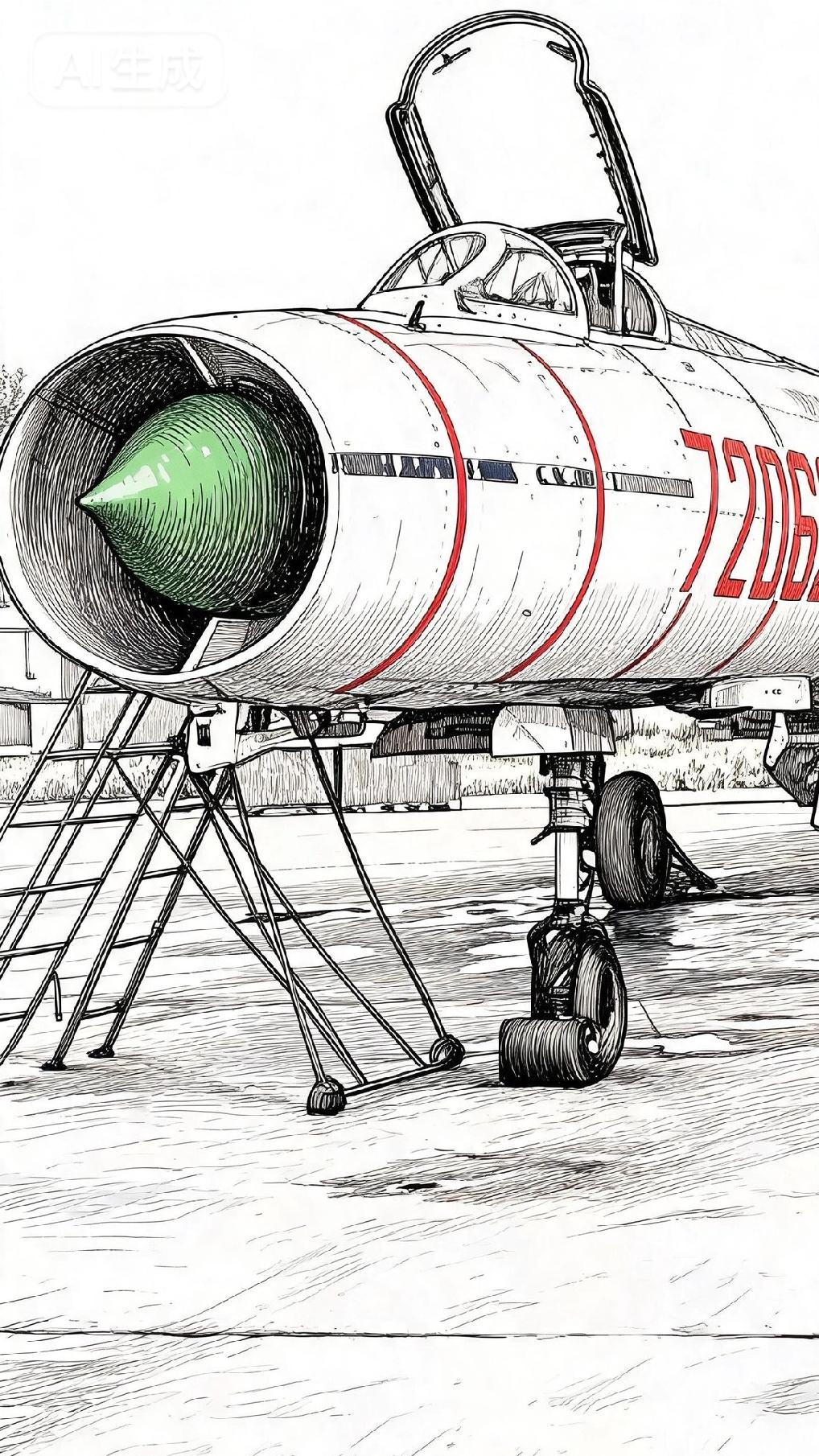 航空往事，在空军试训基地里的平头歼八战机，机头部位涂有3道红色环纹，用于空中观测