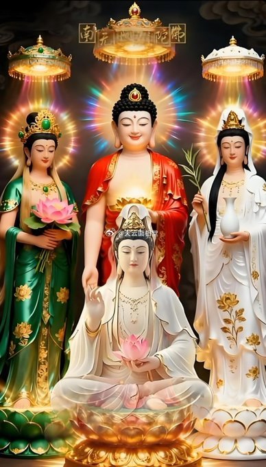 遇见三位慈悲的佛陀，她们的宁静目光如同温暖的阳光，照亮我内心的每一个角落。南无阿