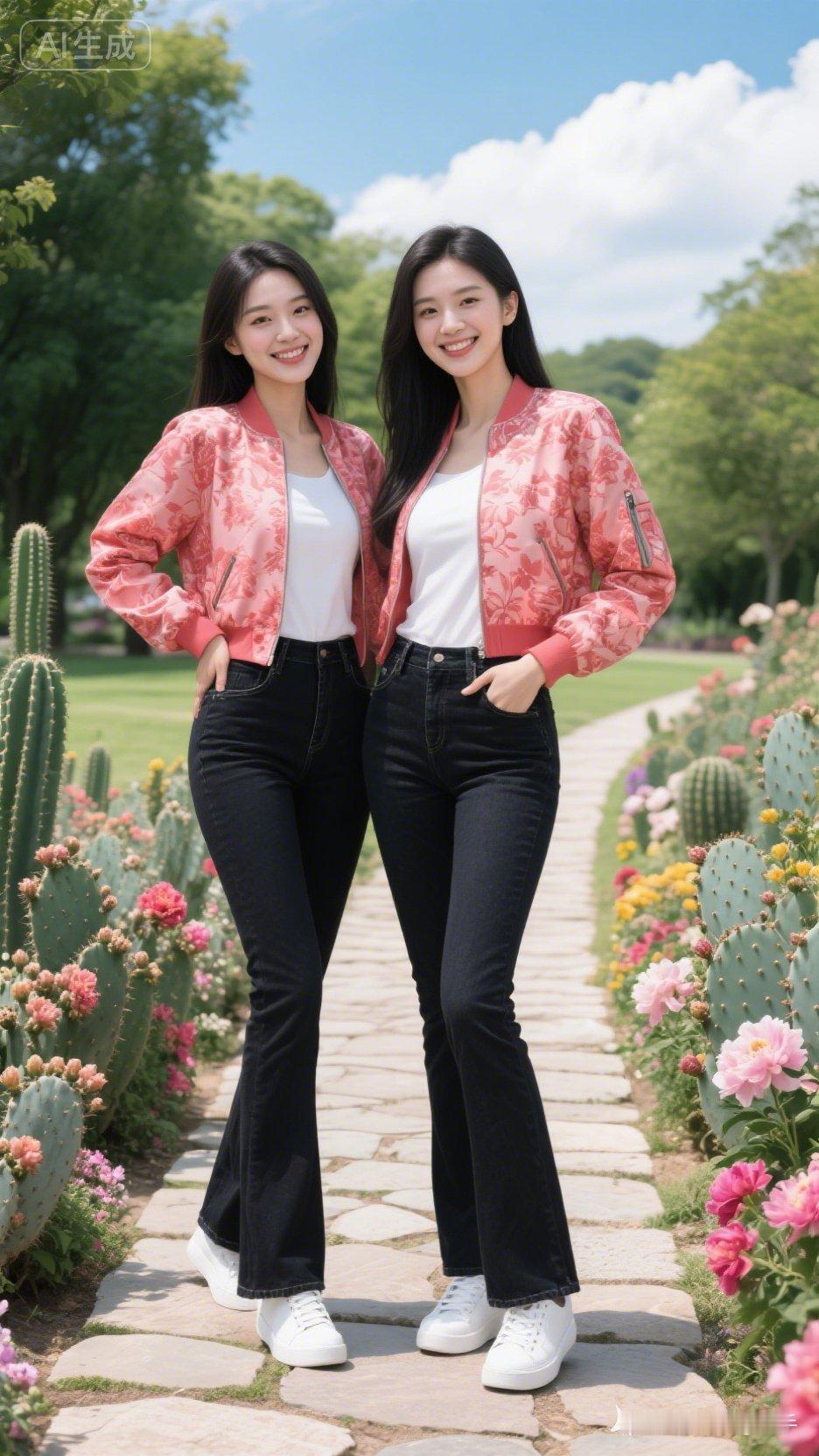 姐妹花穿搭指南：同款粉色夹克，搭配牛仔裤，元气满满！🌸💕都是单身女你若是男