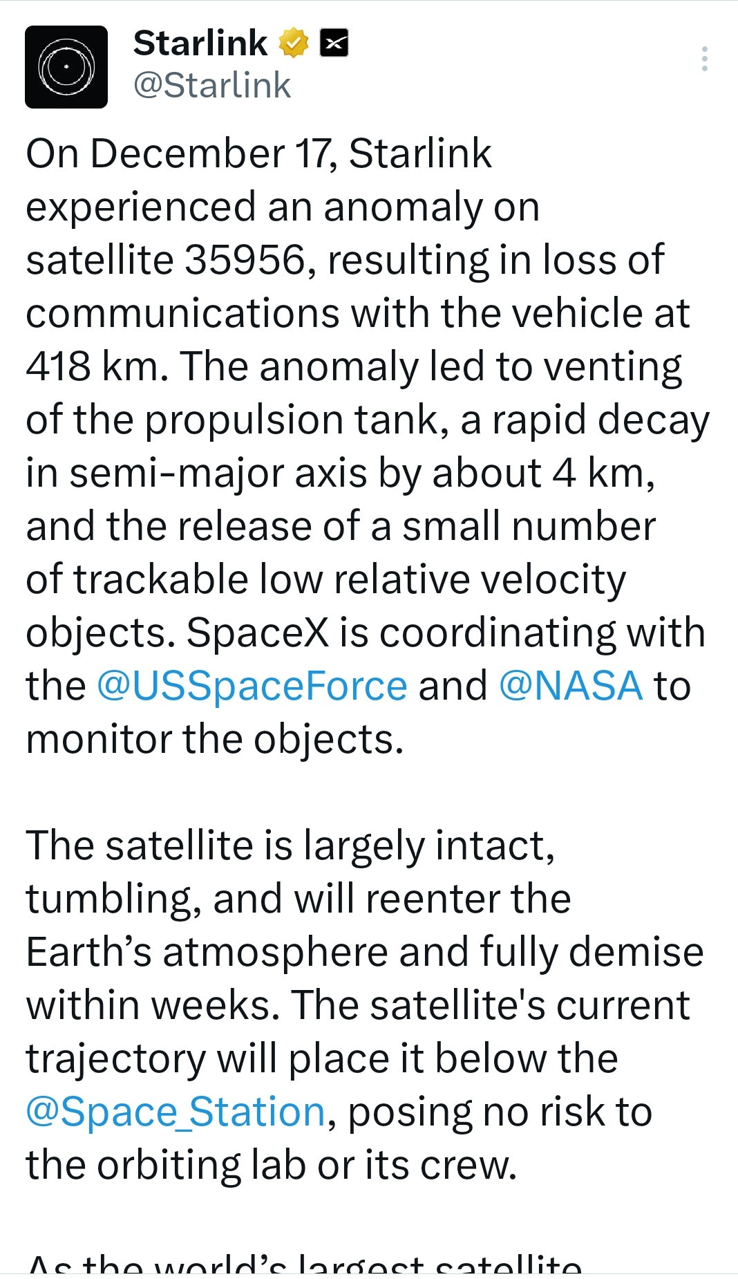星链官方号在社交平台最新表示；星链35956号卫星出现异常，导致其在418公里高