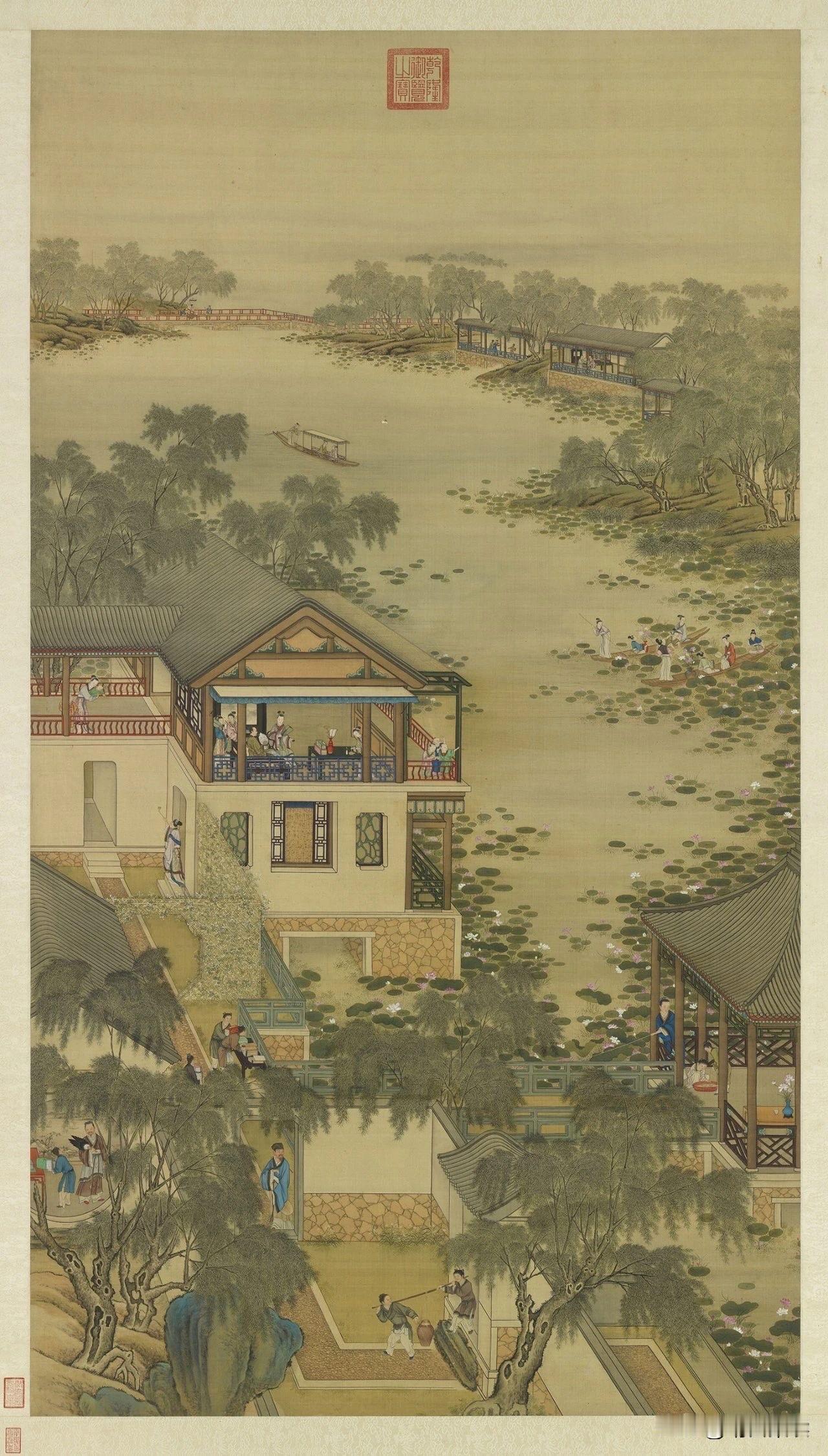 小暑｜倏忽温风至，因循小暑来。十二月月令图轴之六月，清代，宫廷画家。形制尺寸